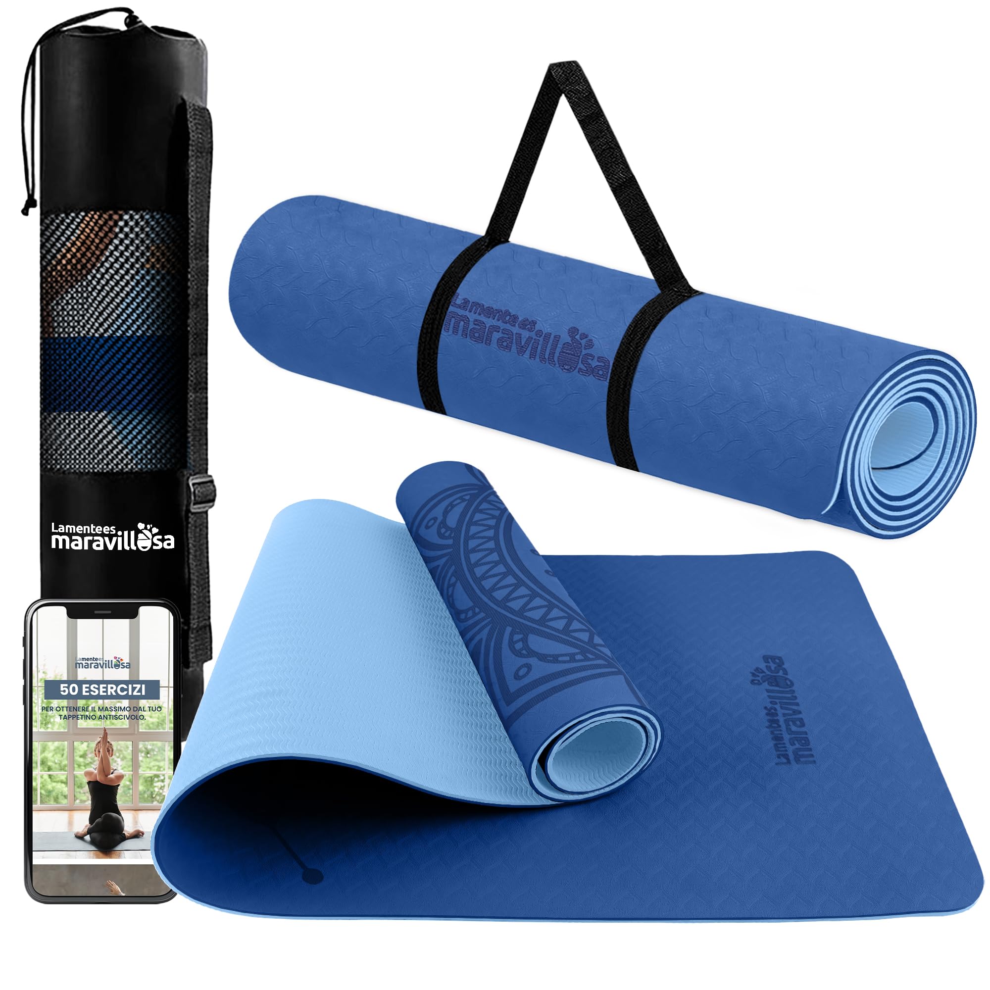 LA MENTE ES MARAVILLOSA - Tappetino Yoga e Pilates Antiscivolo in TPE, 183x61 cm, Spessore 6 mm, con Custodia, Tracolla ed E-Book, Materassino per Allenamento, Stretching e Meditazione