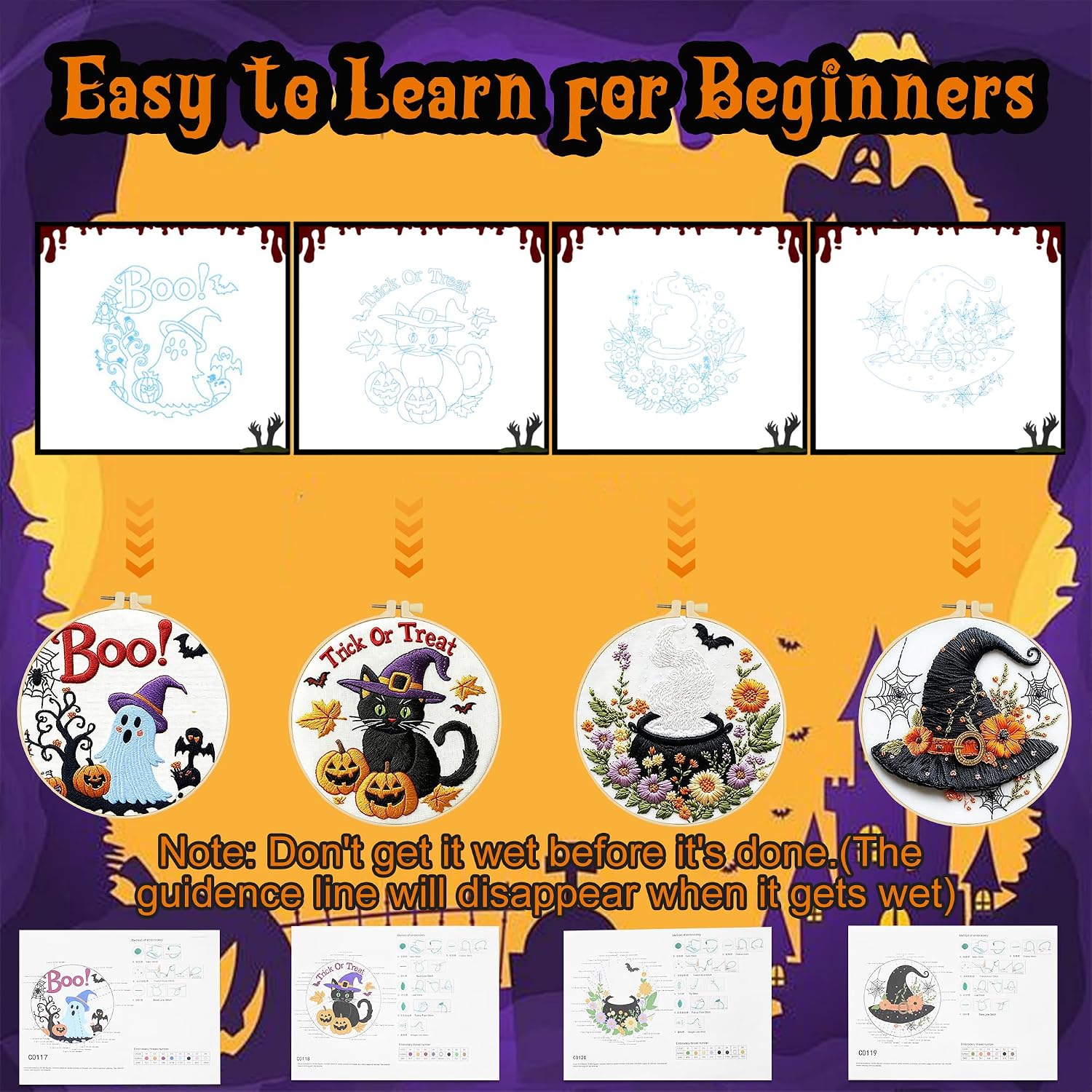 4 Sets Halloween Embroidery Kits for Beginners, Halloween Cross Stitch Kits