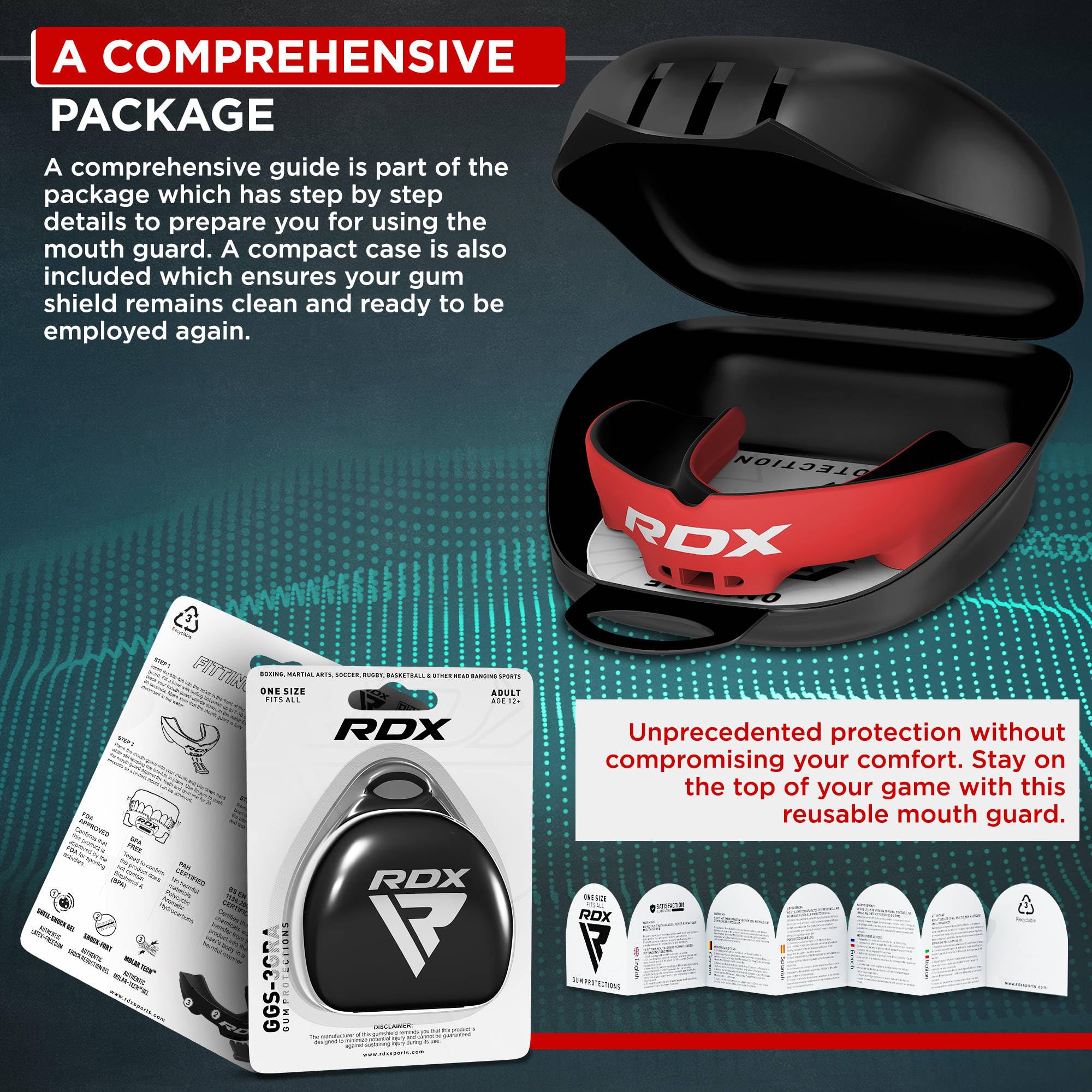 RDX Protège-Dents, Gouttière Coque Dentaire Pour Rugby, MMA, Hockey, Judo, Karaté, Arts Martiaux et Boxe, Respirant et Ajustable, Contient une boîte de rangement unique.