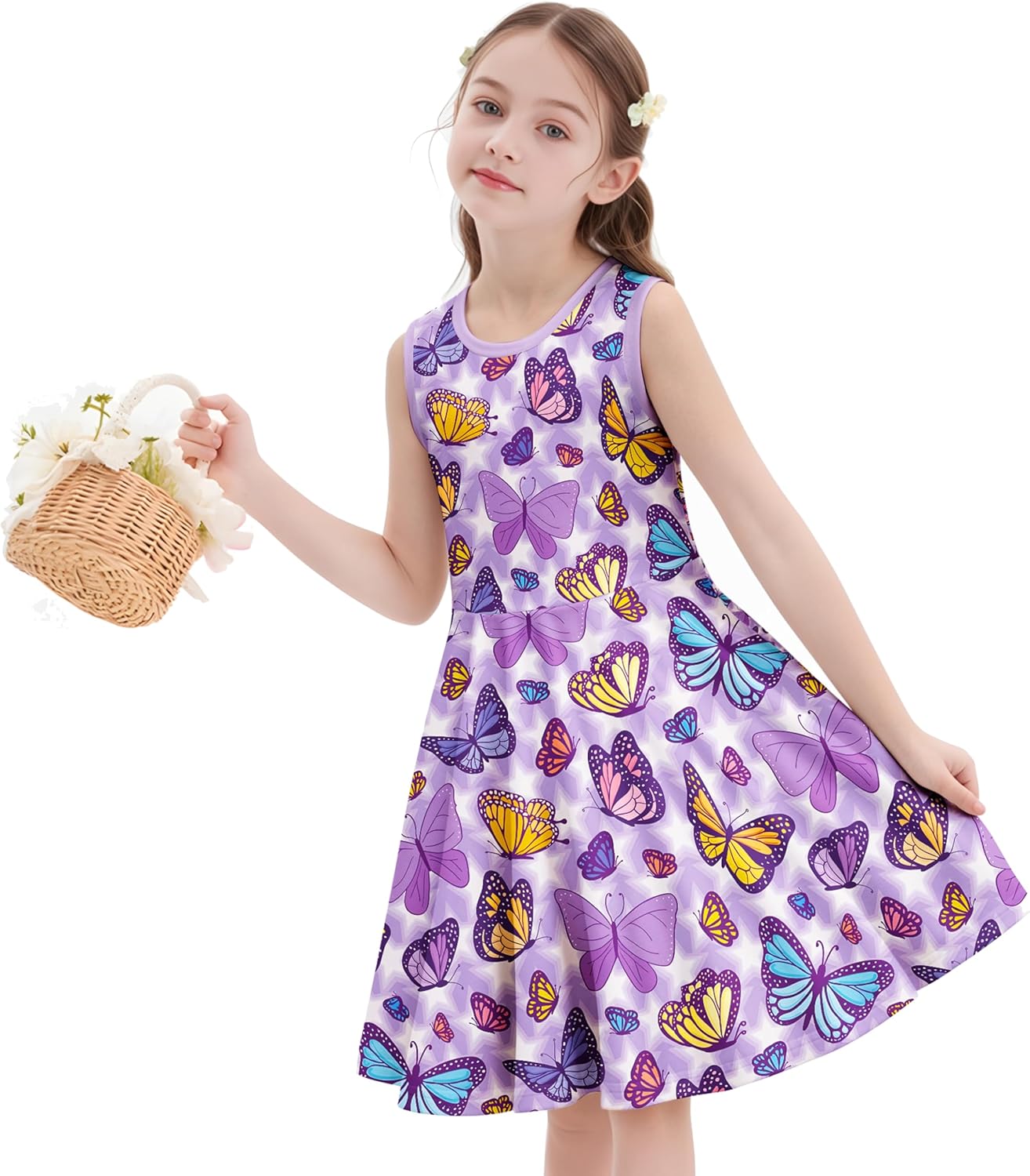 LQSZ Girls Dresses Sleeveless Casual Floral Printed Twirly Birthday Party Beach Kids Sundress Size 3-12 Years