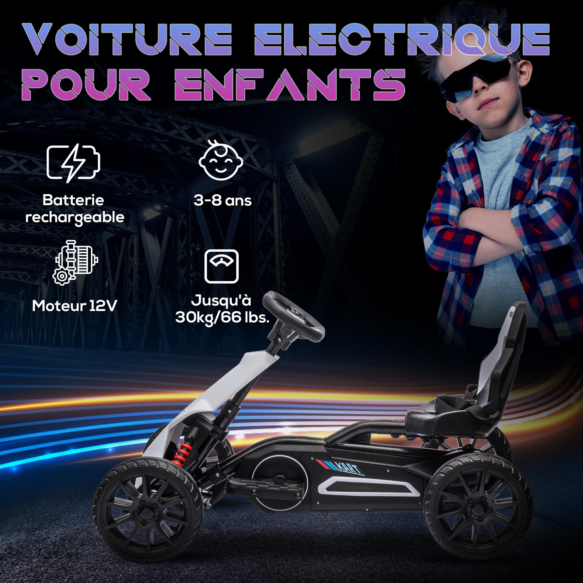 HOMCOM Kart électrique pour Enfant 12V - Vitesse 3-5km/h pour Enfants de 3 à 8 Ans - siège réglable Ceinture de sécurité et 5 Roues - Blanc