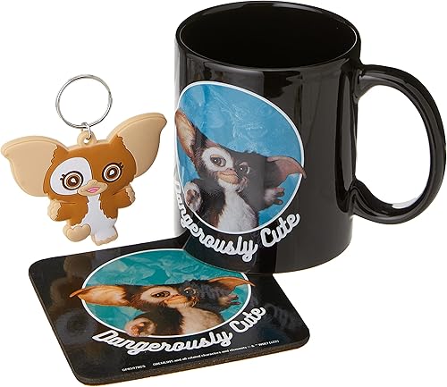 Gremlins - Juego de tazas de regalo con posavasos y llavero en caja de regalo (diseño peligrosamente lindo) - Producto oficial
