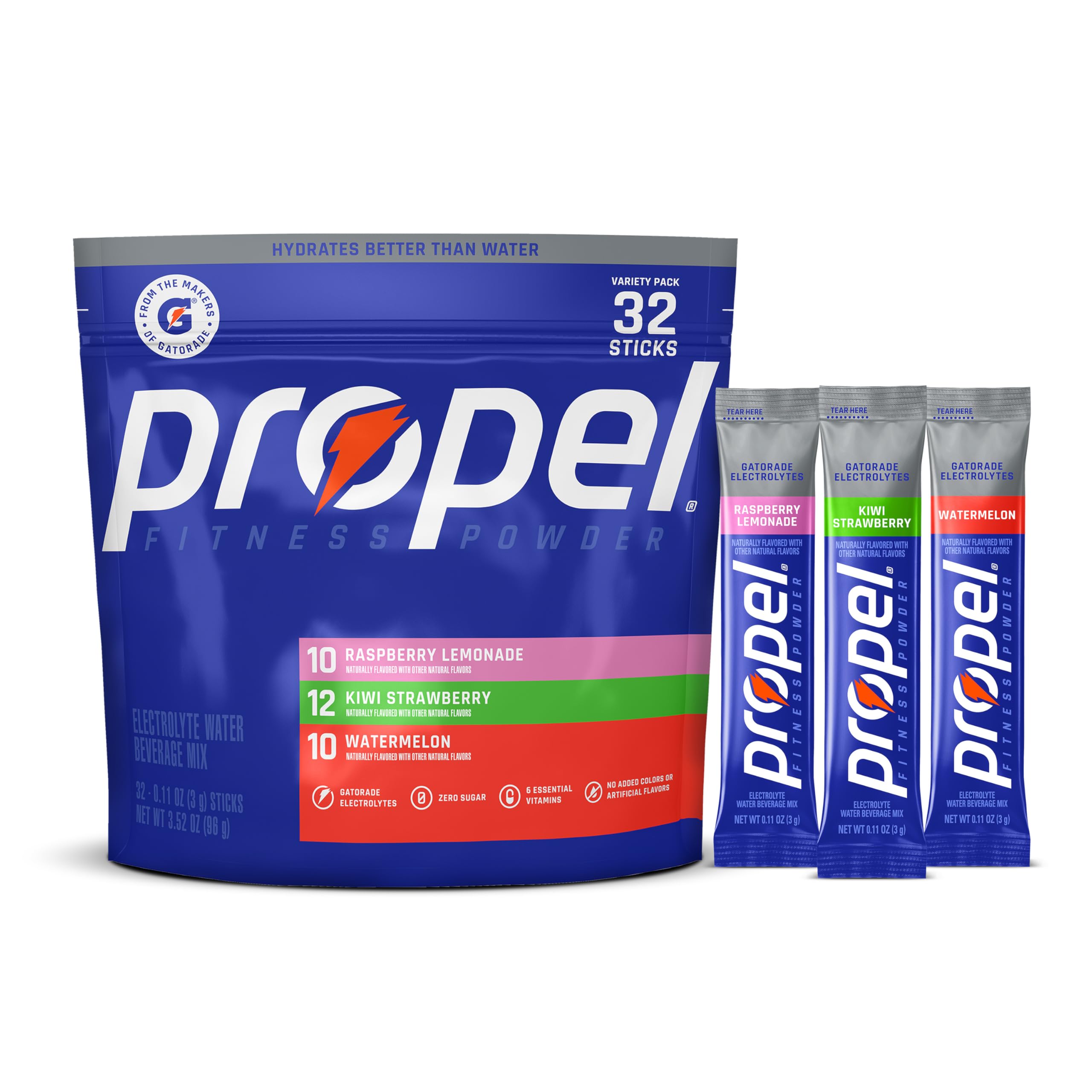 Propel Electrolyte Powder Drink Mix, Variety Pack, (32 Servings), Zero Sugar, Enhanced Water Beverage, Gatorade Electrolytes, Vitamins, No Added Colors, No Artificial Flavors, Hydration