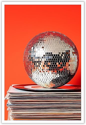 Pósteres de arte de pared vintage de los años 70 con diseño de bola de discoteca roja glamurosa, impresiones en lienzo estéticas para dormitorio