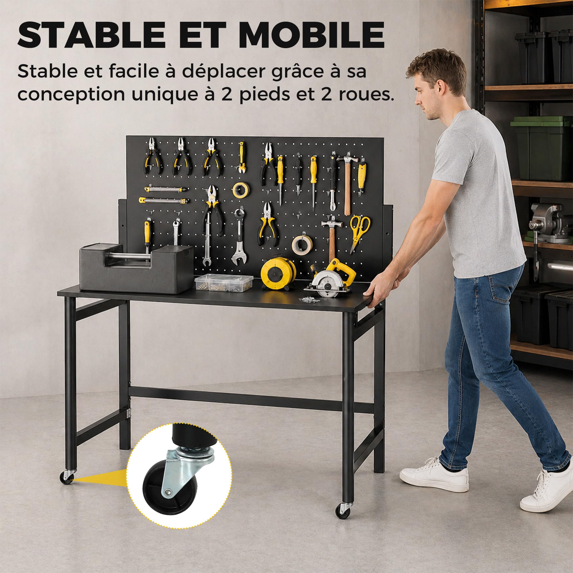 HOMCOM Établi d'Atelier Pliable à roulettes, 115x62x143,5cm, Plan de Travail avec Panneau Perforé, 30 Crochets, Plateau Épais, Cadre en Acier, Charge 120 kg, pour Garage, Atelier ou Entrepôt, Noir