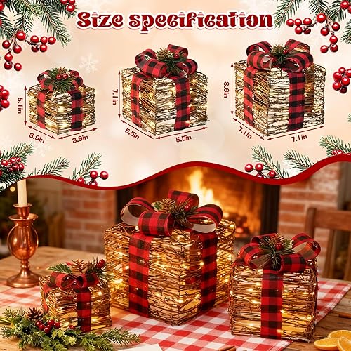 Miniatura 2 de LAWOHO Juego de 3 cajas de regalo iluminadas de Navidad, cajas de regalo de ratán marrón con lazos, cajas de regalo de Navidad LED para decoraciones