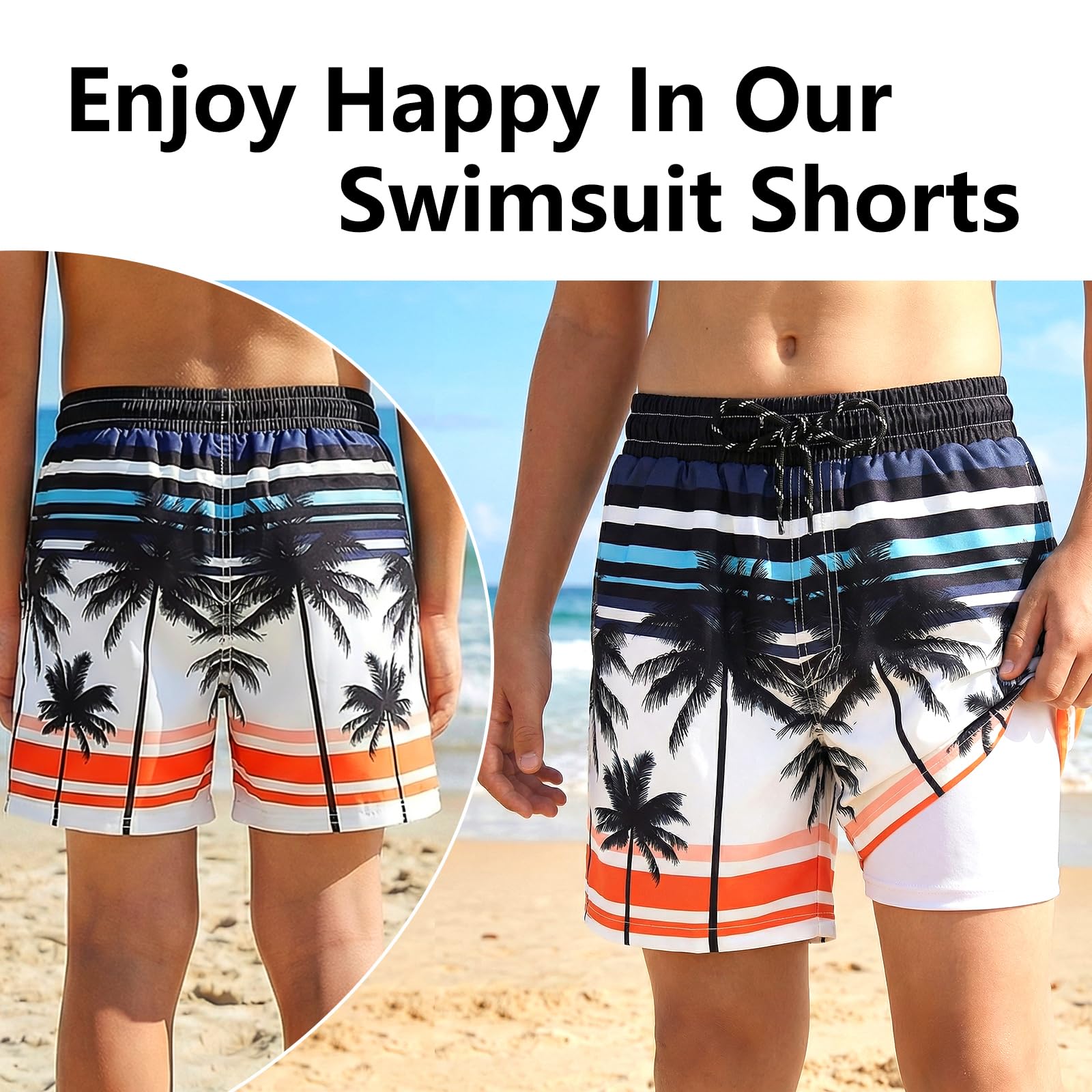 JinBei Short de Bain Garcons Doublure de Compression Maillot de Bain Enfant Séchage Rapide Shorts de Plage avec Poche Ceinture Élastique Boardshorts pour Surf Natation Vacances, 7-13 Ans
