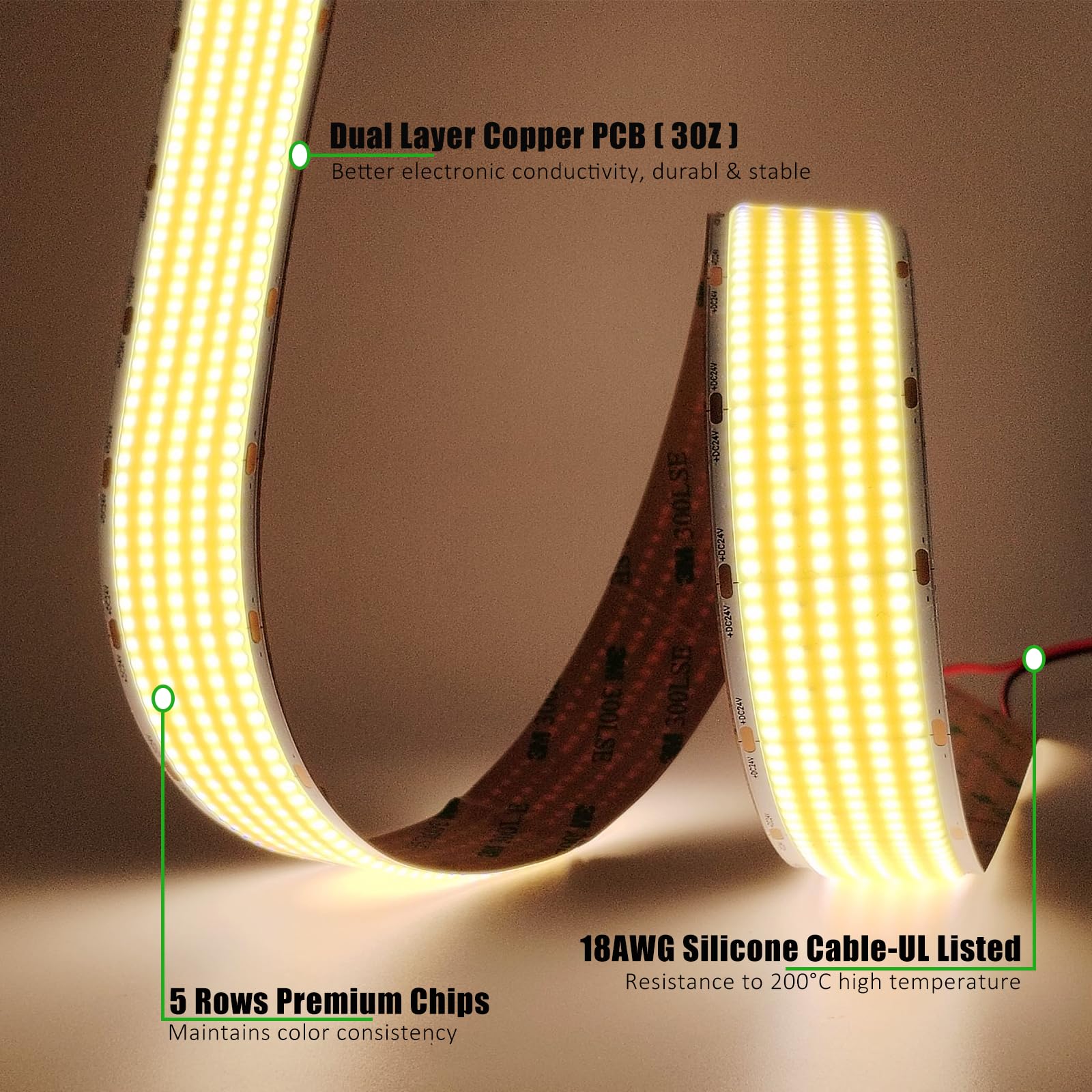 JOYLIT 30MM Breit COB LED Streifen 24V 5M 3000K Warmweiss, 5 Reihen 1600LEDs/M Hohe Dichte 40W/M 22000LM Ultrahell LED Band CRI 90+, Selbstklebend LED Strip Für Industrie, Gewerbe (Keine Netzteil)