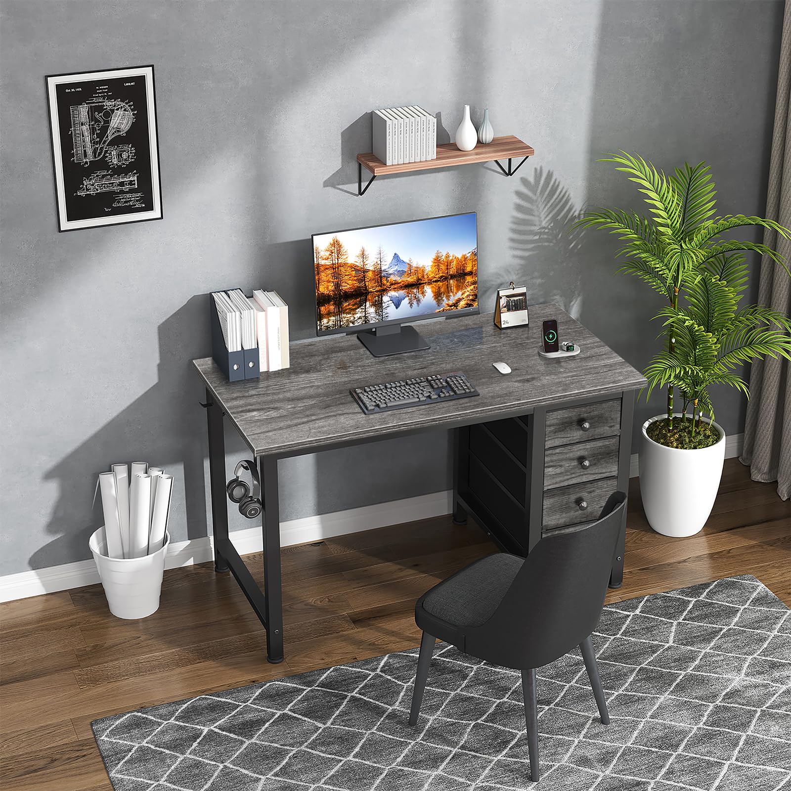 Lufeiya Small Gaming Desk with 4 Drawers, 40 Inch Kids Girls Teen Cute Study Desk for Bedroom, Reversible Work Computer Writing Table Desks for Small Space Home Office, Black: Grey 39.4"