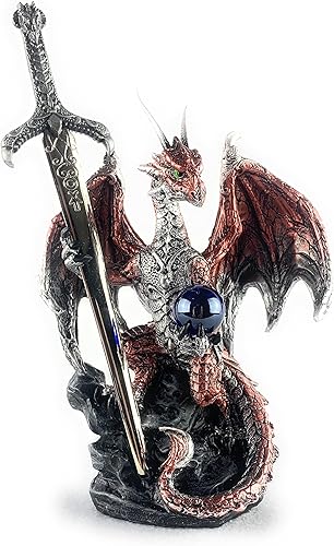 Ain't it Nice Estatua de dragón con espada de dragón medieval y bola de cristal, figura coleccionable de dragón de fantasía, decoración medieval de