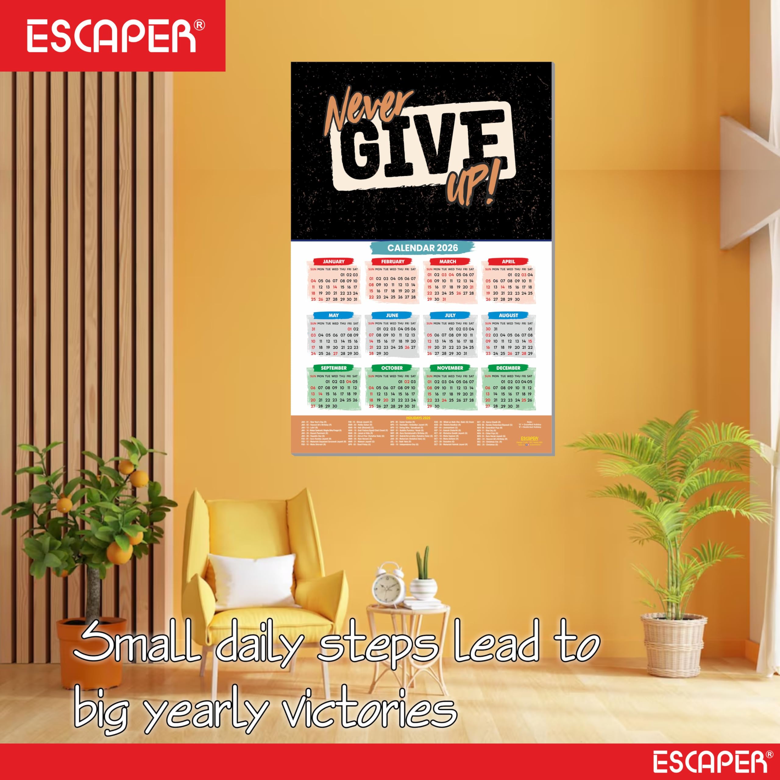 ESCAPER Calendario motivacional de pared de Año Nuevo 2026 - 45 x 30 cm, papel laminado de 300 g/m² con parte trasera autoadhesiva, calendario de citas inspiradoras para estudiantes, decoración del