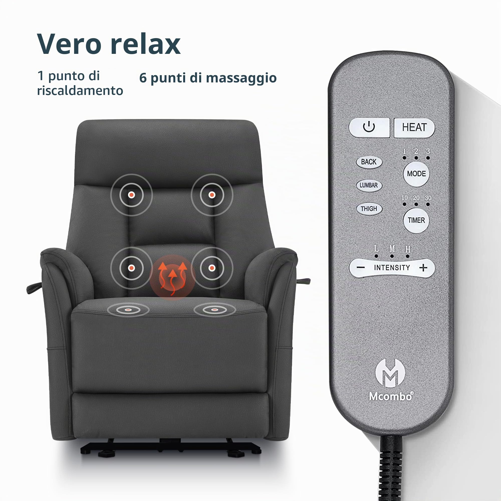 MCombo M Poltrona Relax Elettrica Regolabile, Poltrona TV a 3 cm dalla Parete, Poltrona Relax con Funzione Reclinabile,Porte USB & Tipo-C e Cuscino Lombare, Soggiorno, 7063 (grigio scuro)