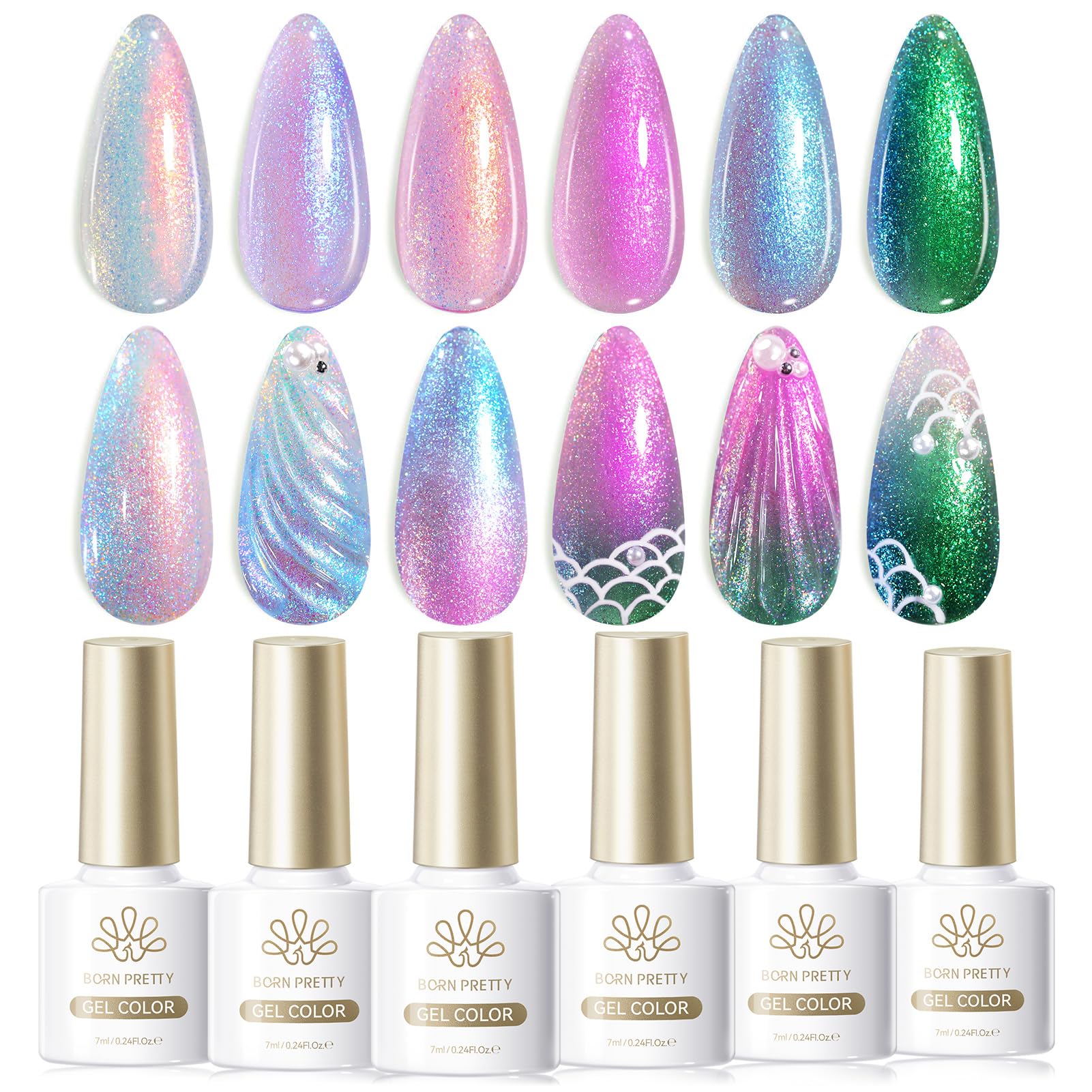 Born Pretty 6 Colors Pearl Gel Nail Polish Set,Chameleon Mermaid Shimmer Glitter Gel Polish,Soak Off U V LED Cured Holographic Nail Art Varnish,