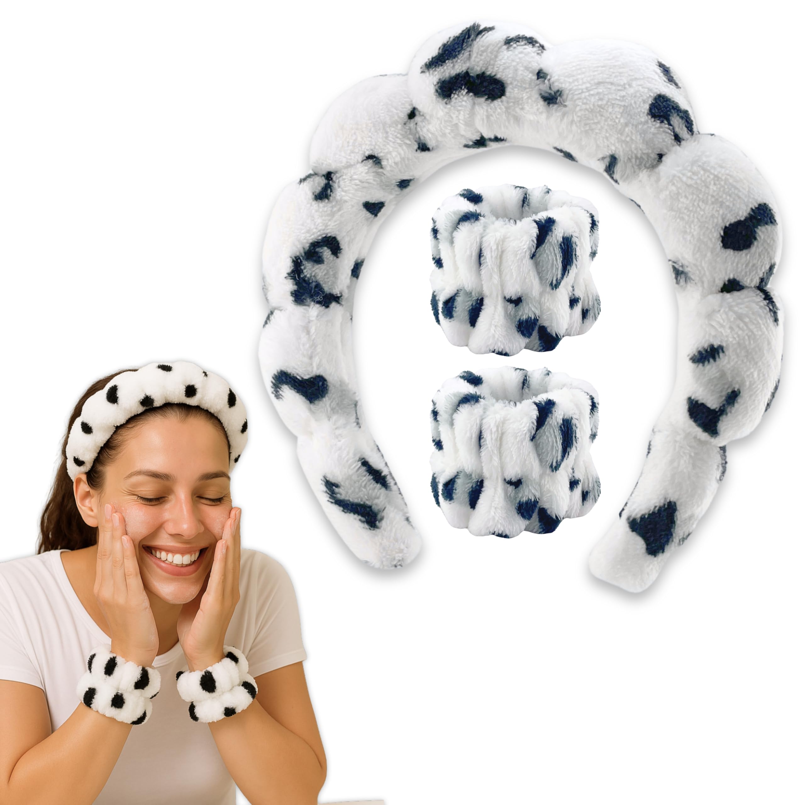 Spa Headband Wrist Band for washing face set Sponge Makeup Skincare Headband Wrist Towels Bubble Soft Terry Towel Cloth Hairband for Women Puffy