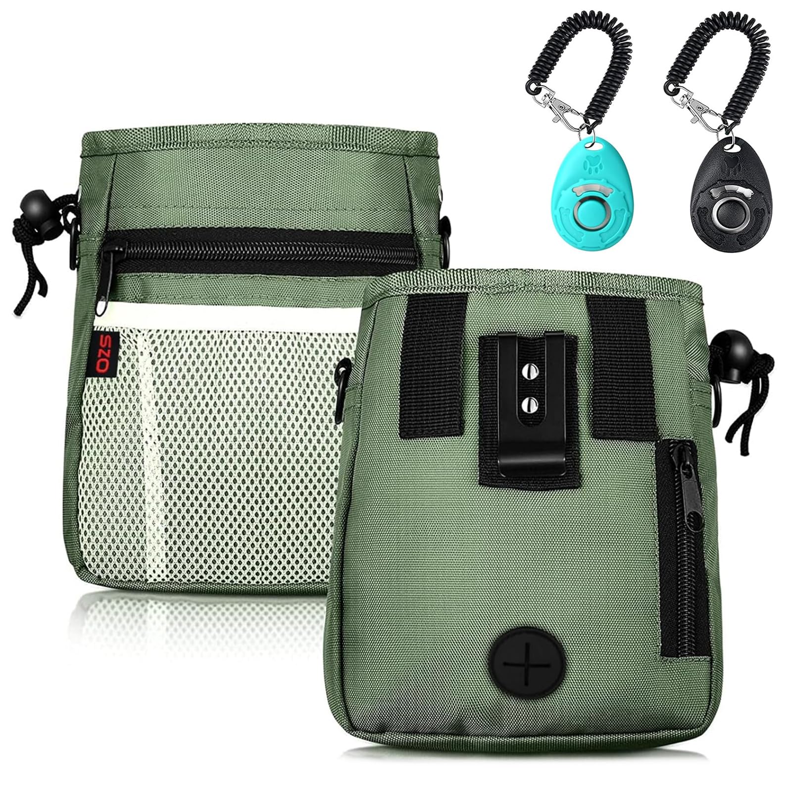Dog Treat Pouch-3 Ways to Wear Treat Pouches for Pet Training and 2 Pieces Clicker Taining for Dogs,Dog Training Treat Pouch Bag and Dog Clicker for training with Waist Belt Shoulder Strap-Dark Green