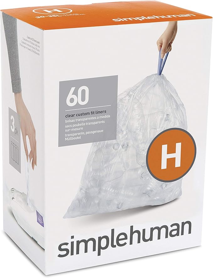 simplehuman CW0286 code H Custom Fit Bin Liner Bulk Pack, Clear Plastic (3 Pack of 20, Total 60