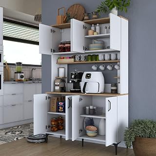 Dmora Credenza Helior 120x40x184h cm Bianco 7 Ripiani 8 Vani, Madia 8 Ante