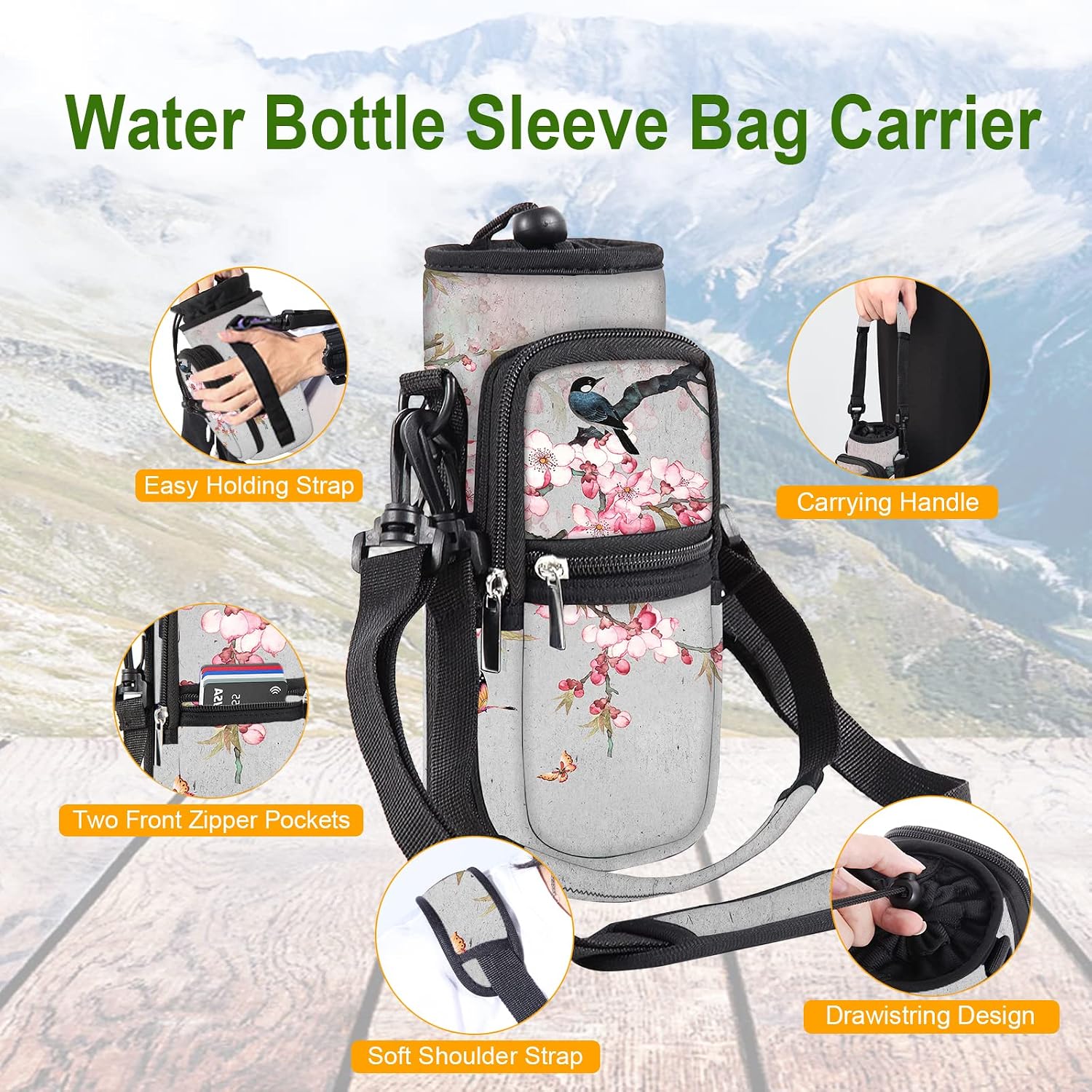 25/32/40/64oz Water Bottle Bag Holder Carrier-Insulated Crossbody Sling Case Sleeve with Strap & Pockets for Men Women Gym Cycling Travel Walking Hiking Camping image 4