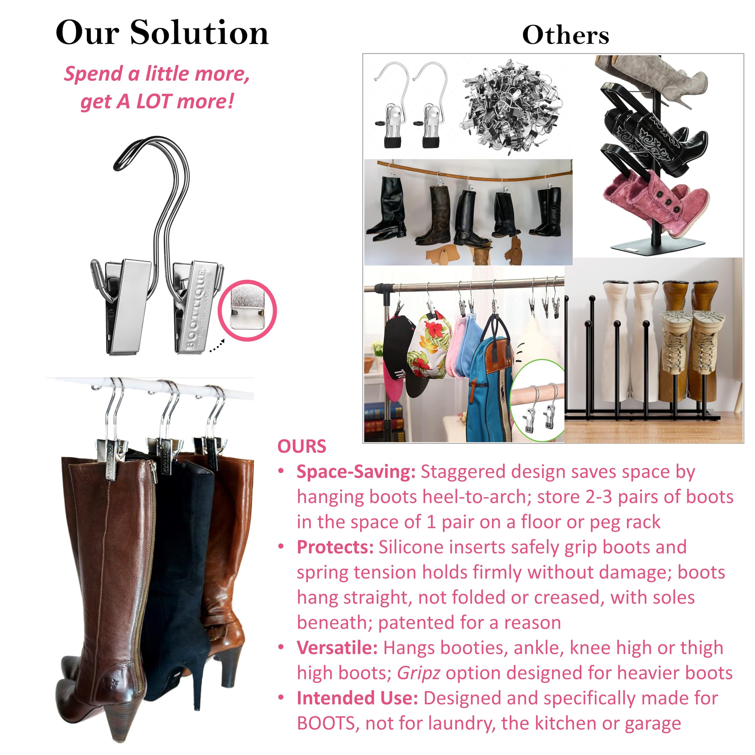The Boot Hanger - Shoe Storage Space Saver (Set of 3); Boot Hanger, Boot Holder, Boot Clips (Silver)
