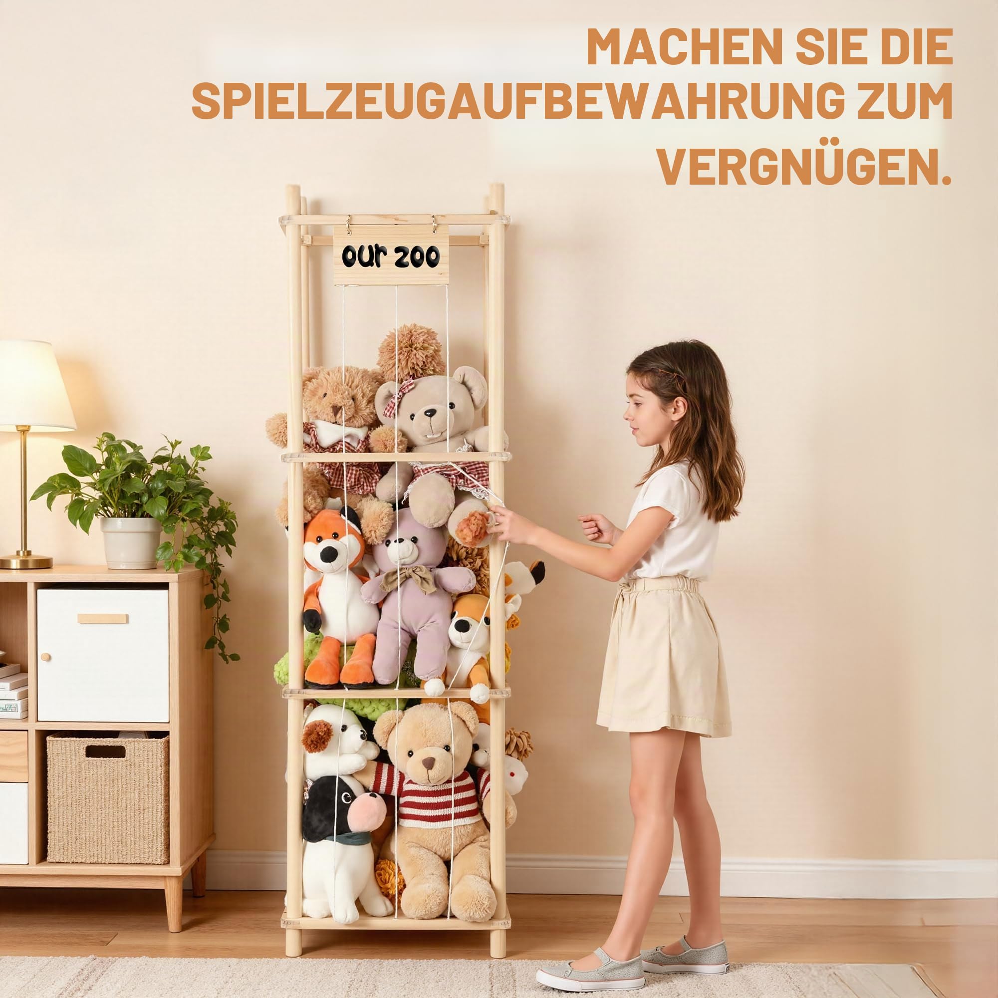 LAMU Kuscheltier Aufbewahrung, Stofftier Plüschtier Aufbewahrung aus Holz mit Elastischen Kordeln, Spielzeug Organizer Extra Große Kapazität für Babyzimmer Wohnzimmer Schlafzimmer, W 39.5cm, 3 Tier