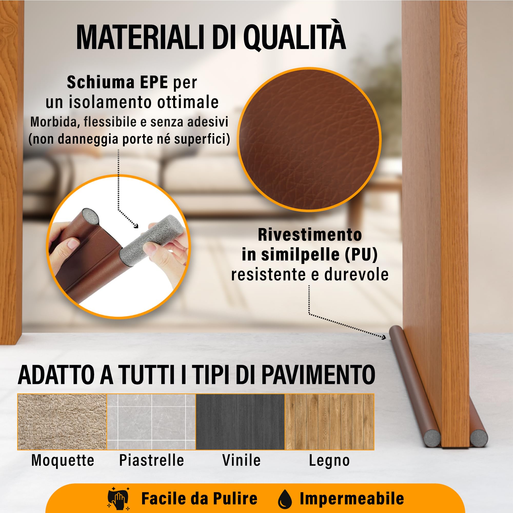 Paraspifferi Sottoporta - Compatibile SOLO con Porte Fino a 5 cm di Spessore (Interne e d’Ingresso) – Isolante Termico, Guarnizione Porta, Antispifferi e Para Spifferi – Marrone, 93 cm
