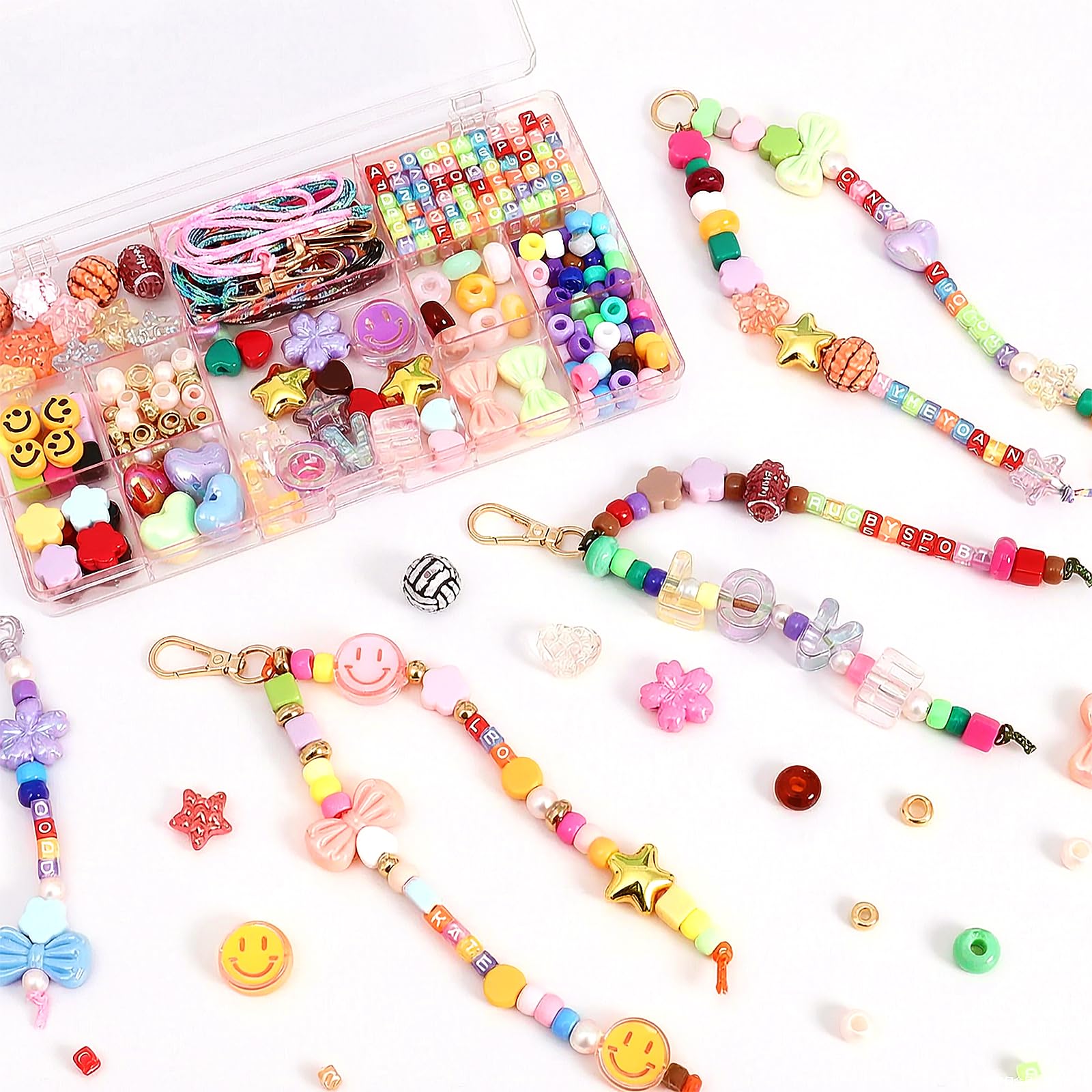 DEMIUKO 300PCS Keyring Making Kit Bag Charm Kit with Keychain Acrylic Letter Pony Beads DIY Jewellery Making Supplies for Bracelet Necklace Making Gifts for Teen Girl Women Adult Party Craft Activity