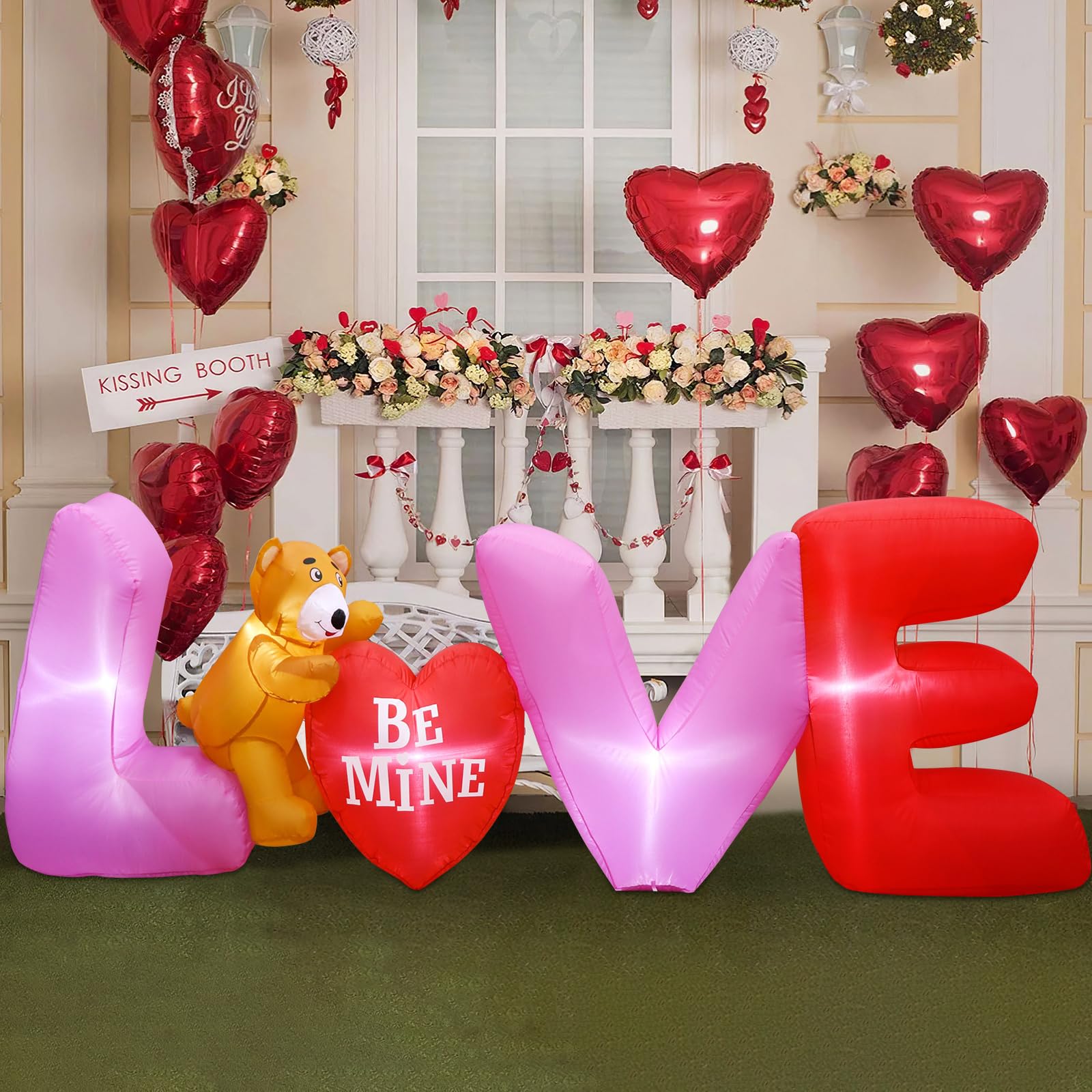 B&D 4FT Valentine's Day Inflatable Bear Holding Love Heart, Gifts Blow Up Yard Decorations With Built-in RGB LED Lights For Party, Anniversary, Wedding, Propose, Garden, Lawn
