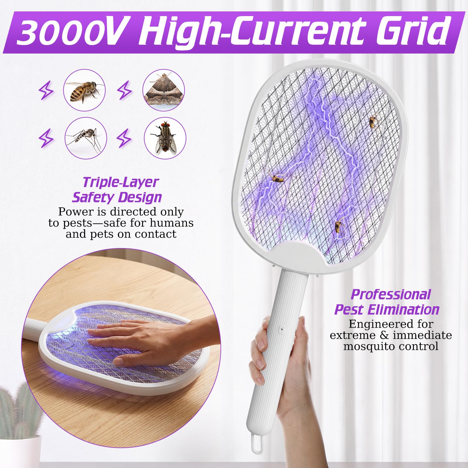4 raquetas matamoscas eléctricas 2 en 1, raqueta matamoscas eléctrica recargable por USB, plegable, matamosquitos eléctrica con malla de seguridad de 3 capas y batería recargable de 1200 mAh