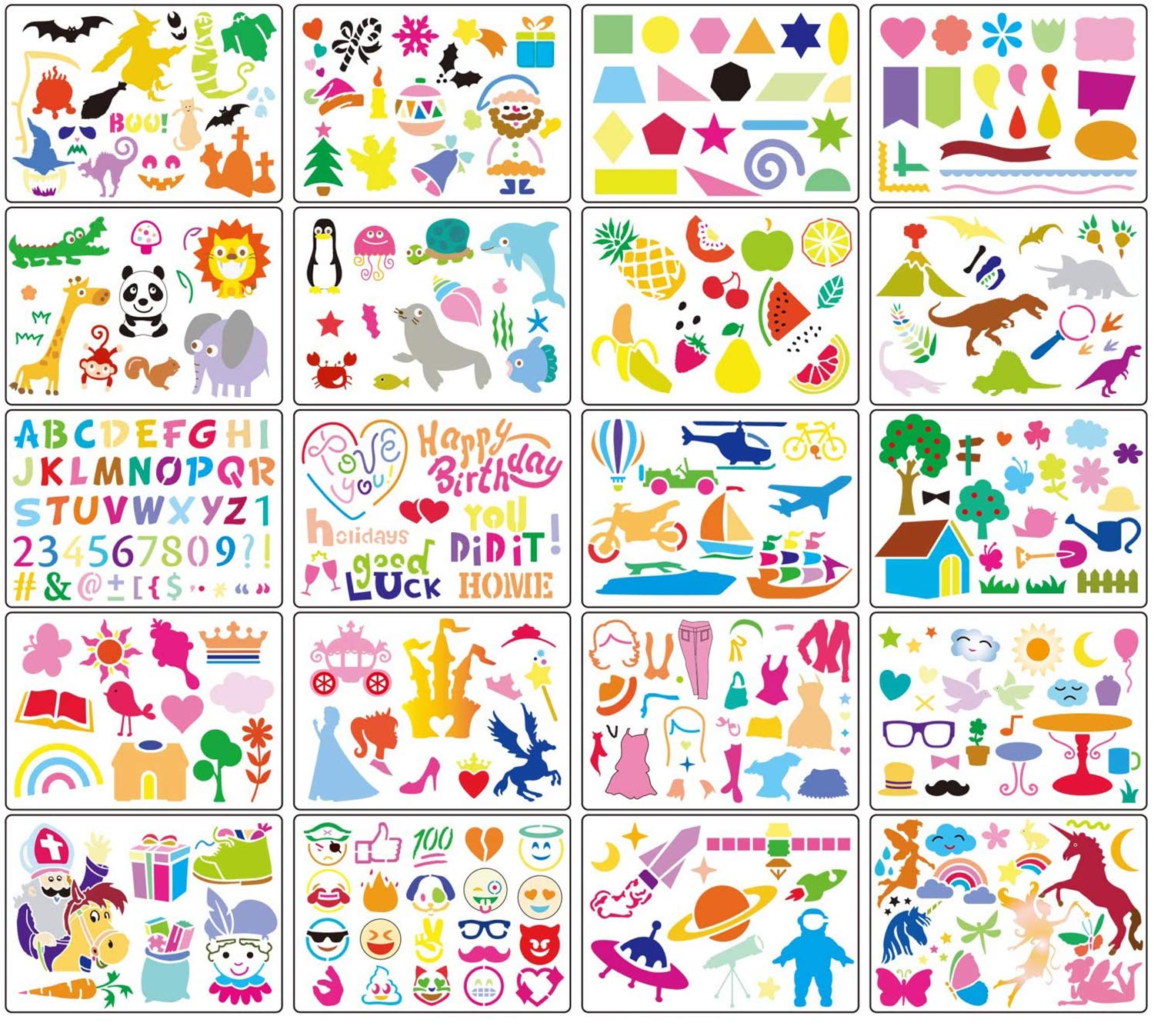 12 Stencil Per Disegno Per Bambini A Tema Giardino - Formato 20x20 Cm - Sagome Riutilizzabili In PET - Lavabili E Sicure