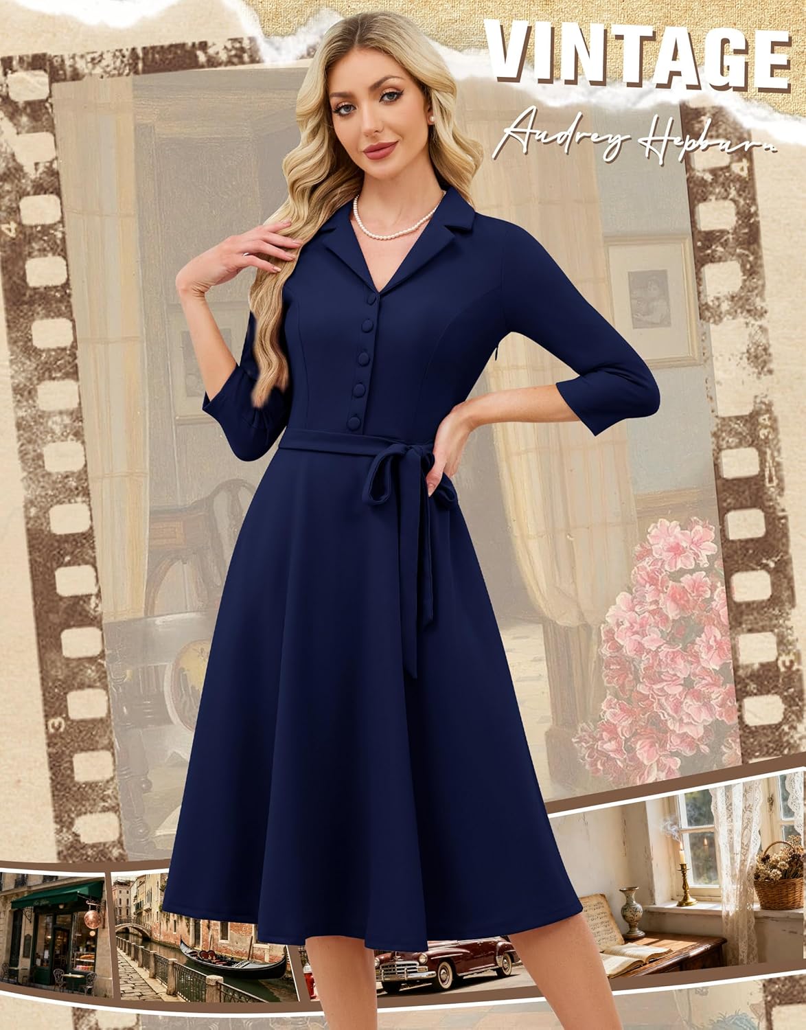 Wedtrend 1940s Dresses for Women 3/4 Sleeve Vintage Tea Party Dress Work Church 1950s Cocktail Dress with Pockets - Image 3