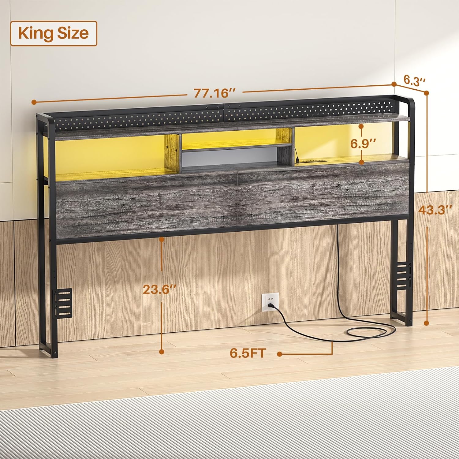 Diagram showing dimensions of the Unikito King Size Headboard: 77.16 inches width, 43.3 inches height, 6.3 inches depth, 23.6 inches from floor to bottom of main panel, 6.9 inches height of upper shelf