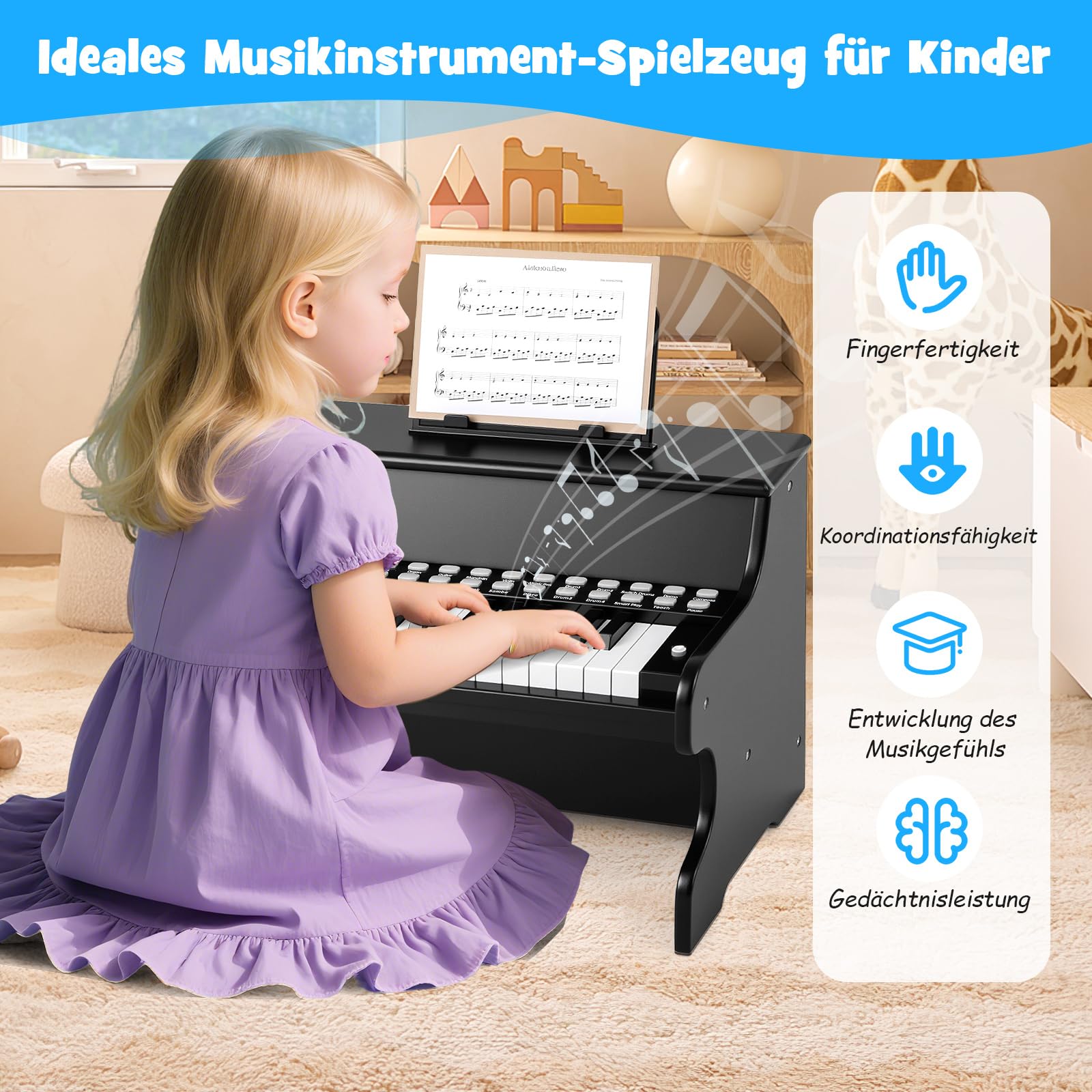 COSTWAY 25 Tasten Keyboard Kinder, Kinderklavier Holz mit Notenständer & Lehrmodus, Kinderpiano mit Einstellbarer Geschwindigkeit & Lautstärke, Mini Klaviertastatur für Kinder ab 3 Jahren (Schwarz)