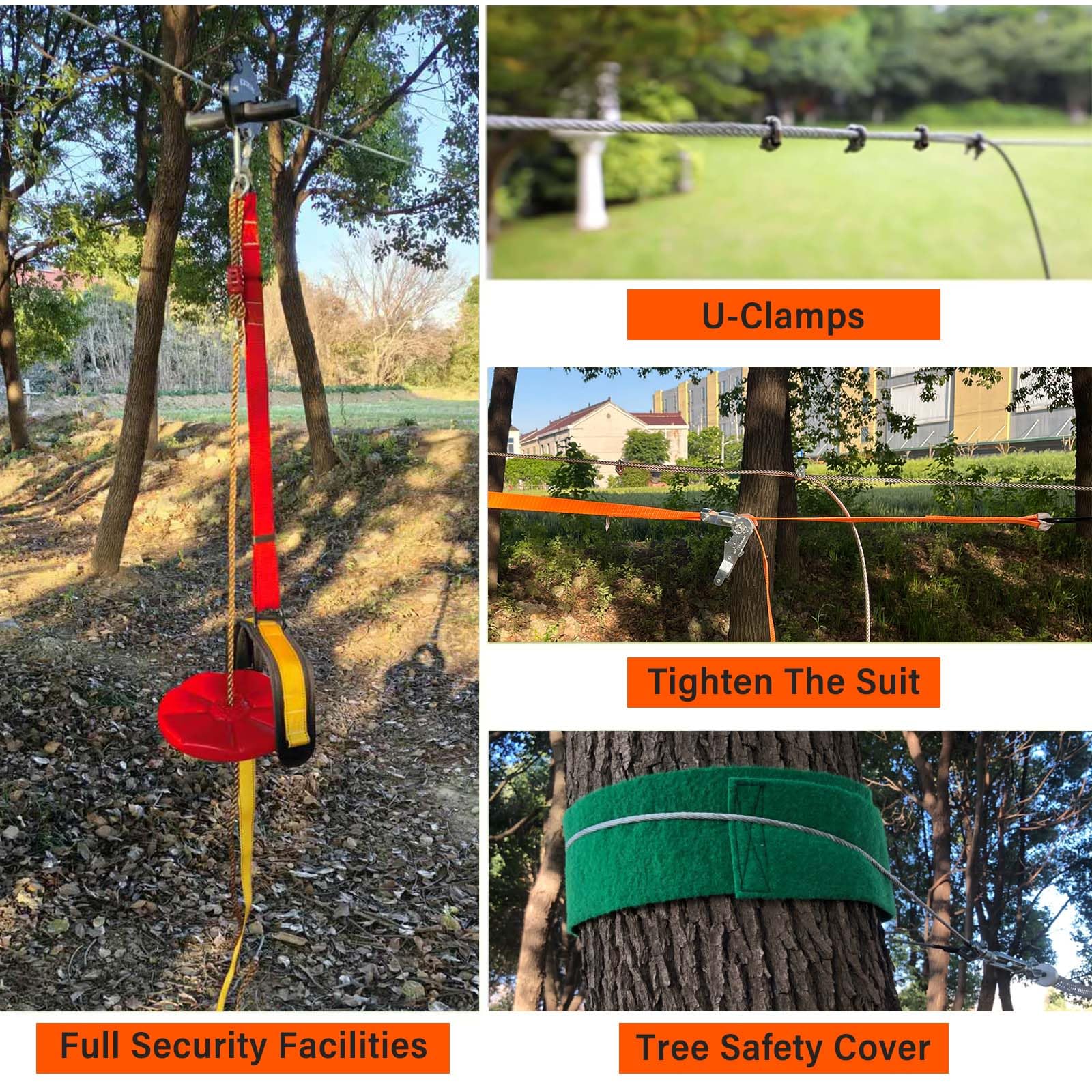Kits de tirolesa para patio trasero, kit de tirolesa de 110 pies para niños y adultos de hasta 350 libras, equipo de juegos al aire libre (trinquete de 110 pies)