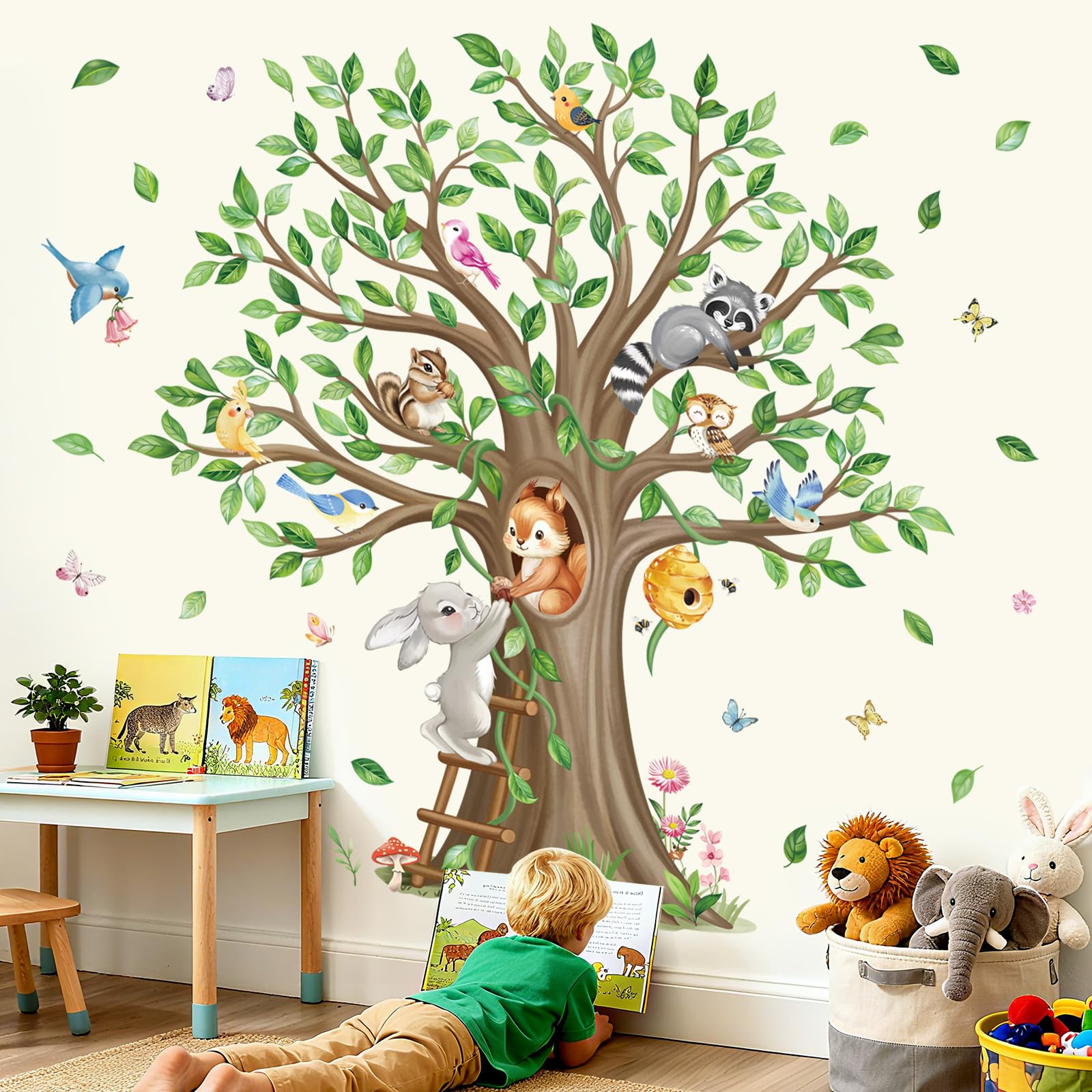 wondever Woodland Animal Wall Decals Tree Forest Rabbit Wall Stickers (XL)