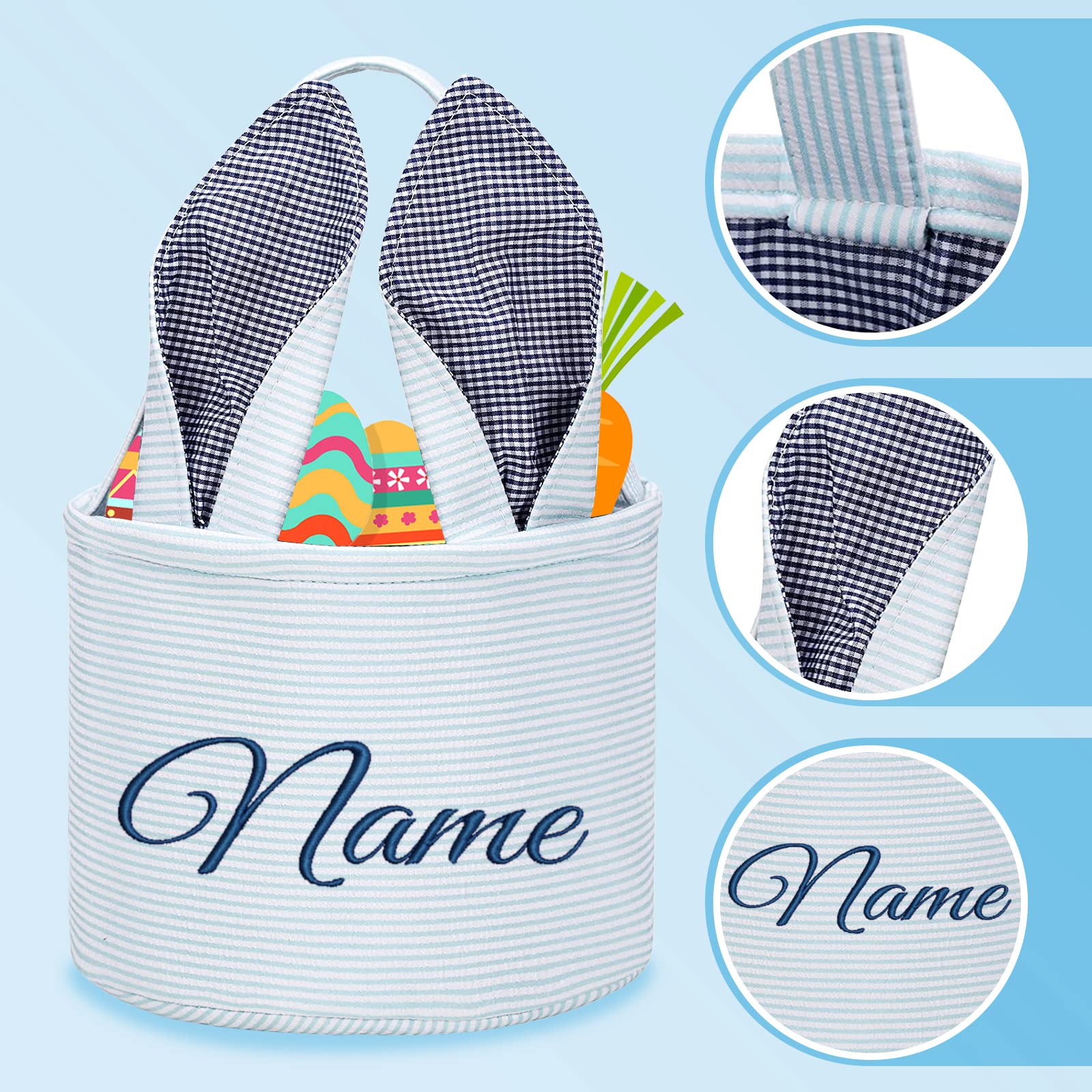Amidaky Personalized Easter Baskets for Children Canvas Custom with Name and Handle Bunny Ears Candy Egg Easter Baskets for Boys and Girls Blue Stripe