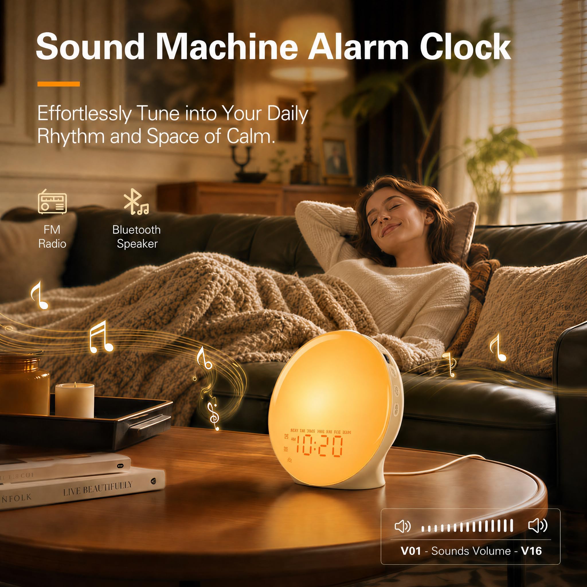 JALL Réveil lumineux plein écran pour chambre à coucher, machine à bruit blanc pour les dormeurs lourds, 25 sons naturels, double alarme, radio FM, 17 couleurs à intensité variable, haut-parleur