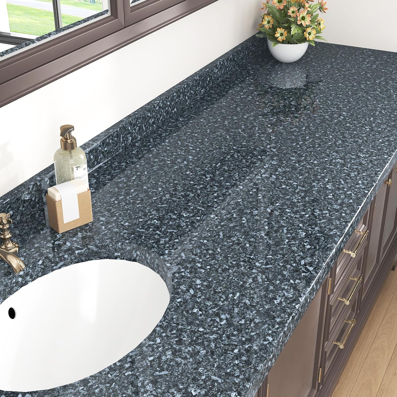 Terrazzo Contact Paper for Countertops Waterproof Black Blue Marble Wallpaper Peel and Stick Self Adhesive Dark Granite Contact Paper for Cabinets Kitchen Backsplash Bathroom Desk 15.8''x80''