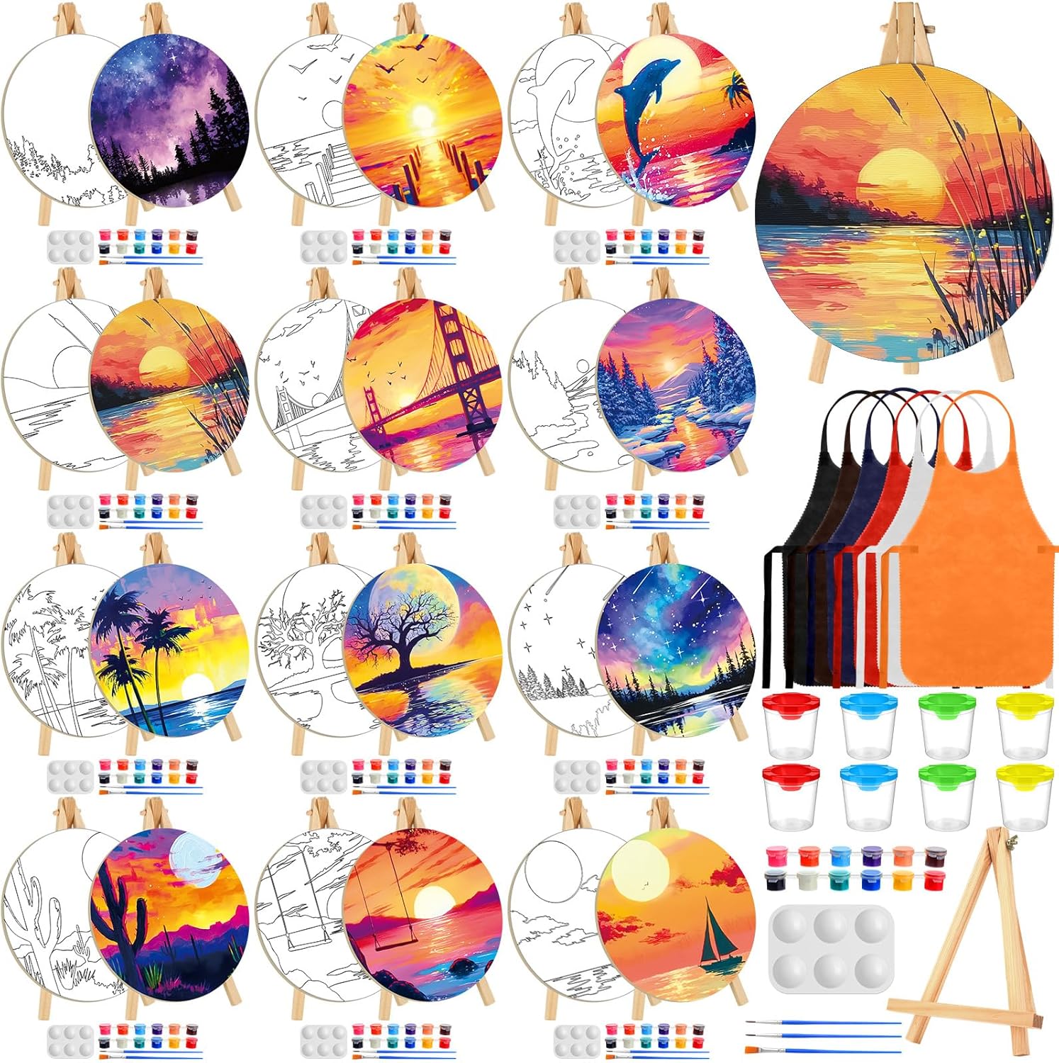 Supervitae 96 Pcs 5.9" Round Pre Drawn Canvas Painting Kit for Kids Adults Spring Floral Sip and Paint Canvas Kit for Birthday Valentines Holiday Christmas Party Favor DIY Home Decor Gifts