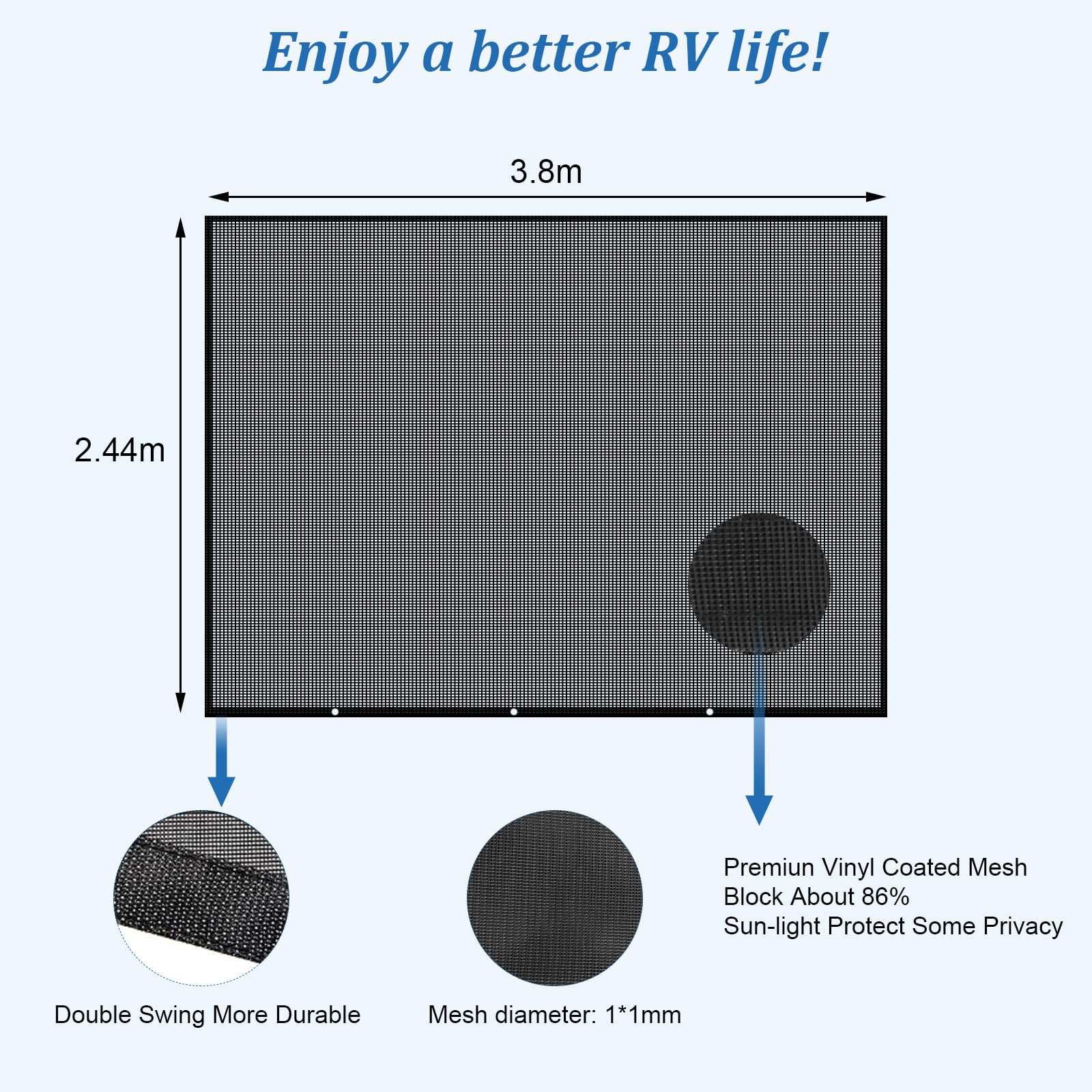 Telo Frontale per Tendalino Camper 2,44m x 3,8m, Pannello Parasole Traspirante per Veranda, Frangivista Universale per Roulotte con Kit Completo, 86% Protezione UV, Resistente a Vento e Pioggia