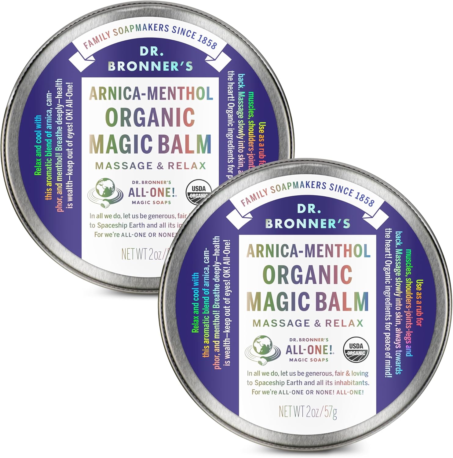 Dr. Bronner's - Organic Magic Balm - Arnica-Menthol, Made w/Organic Beeswax & Hemp Oil, Moisturizes & Soothes Hands, Face, & Body (2 oz, 2-Pack)