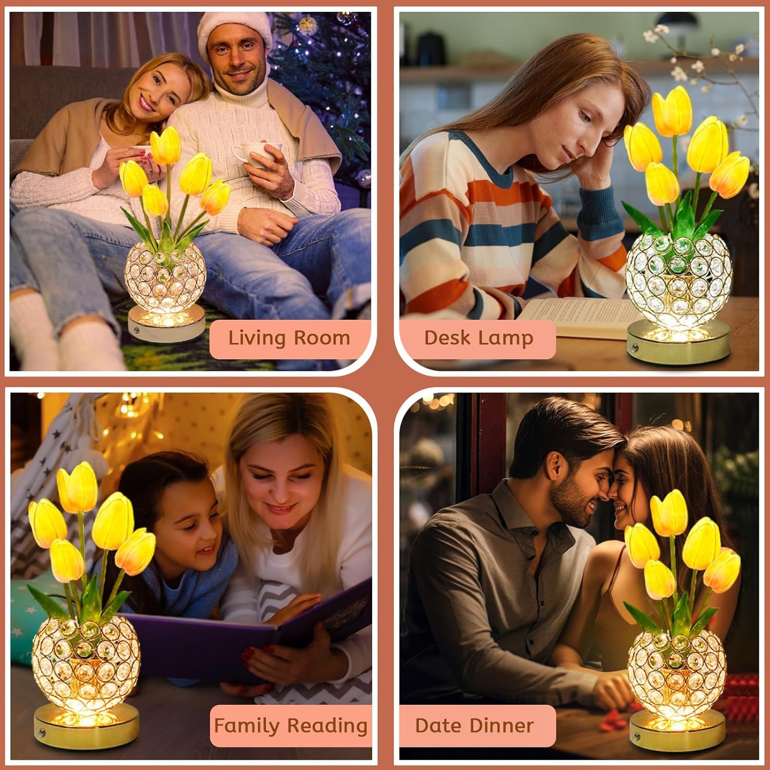 Tulip Flower Lamps, 3 Colors Touch Stepless Dimming Crystal Night Light, Rechargeable Artificial Flower Light, LED Flower with Vase Lamp Romantic Decor for Date Party Home (Tulip2-Pink) - Image 4