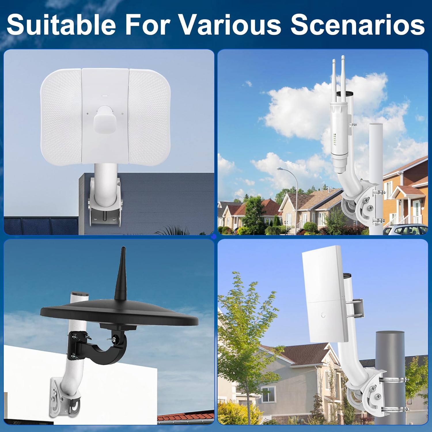 Wireless Bridge Mount, 12" Pole Wall J-Mounting Bracket kit for Outdoor TV Antennas, Access Point, WiFi Extender APs and Starlink Dishes, Fixed by Two Screws, 160° Adjustable 4-Pack