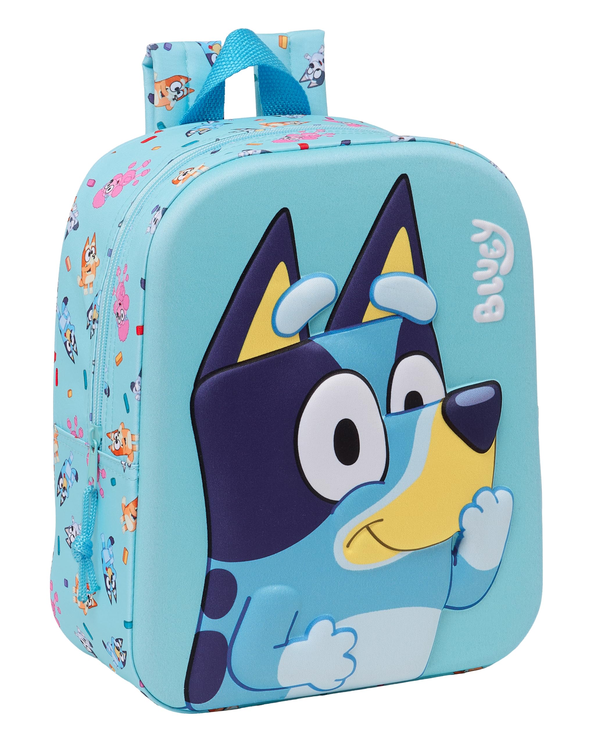 Safta BLUEY - Mochila de Guardería 3D, Adaptable a Carro, Fácil Limpieza, Ideal para Niños de Diferentes Edades, Cómoda y Versátil, Calidad y Resistencia, 22x10x27 cm, Color Celeste