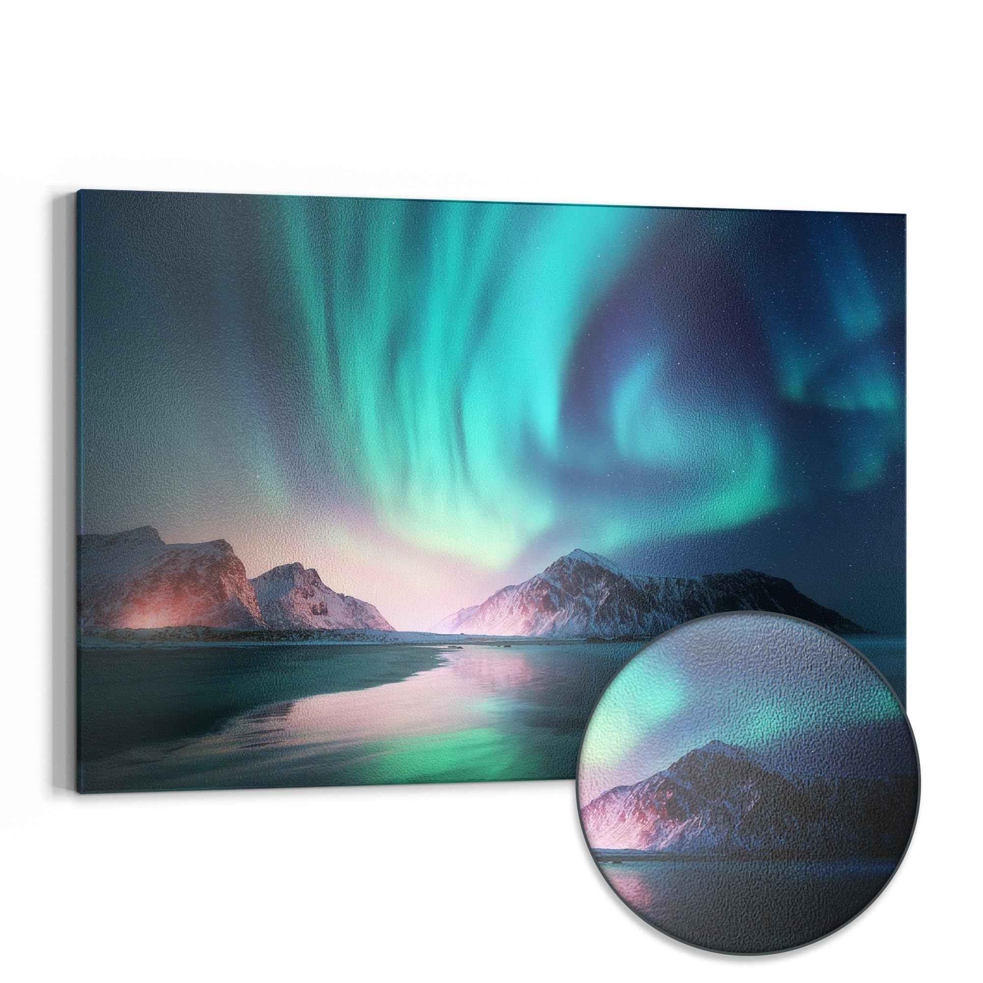DEQORI Metalowa tablica magnetyczna, wymiary 90 x 60 cm, motyw "Zorza polarna Lofotów", tablica suchościeralna na wszystkie magnesy, tablica magnetyczna do kuchni i biura, designerska tablica do