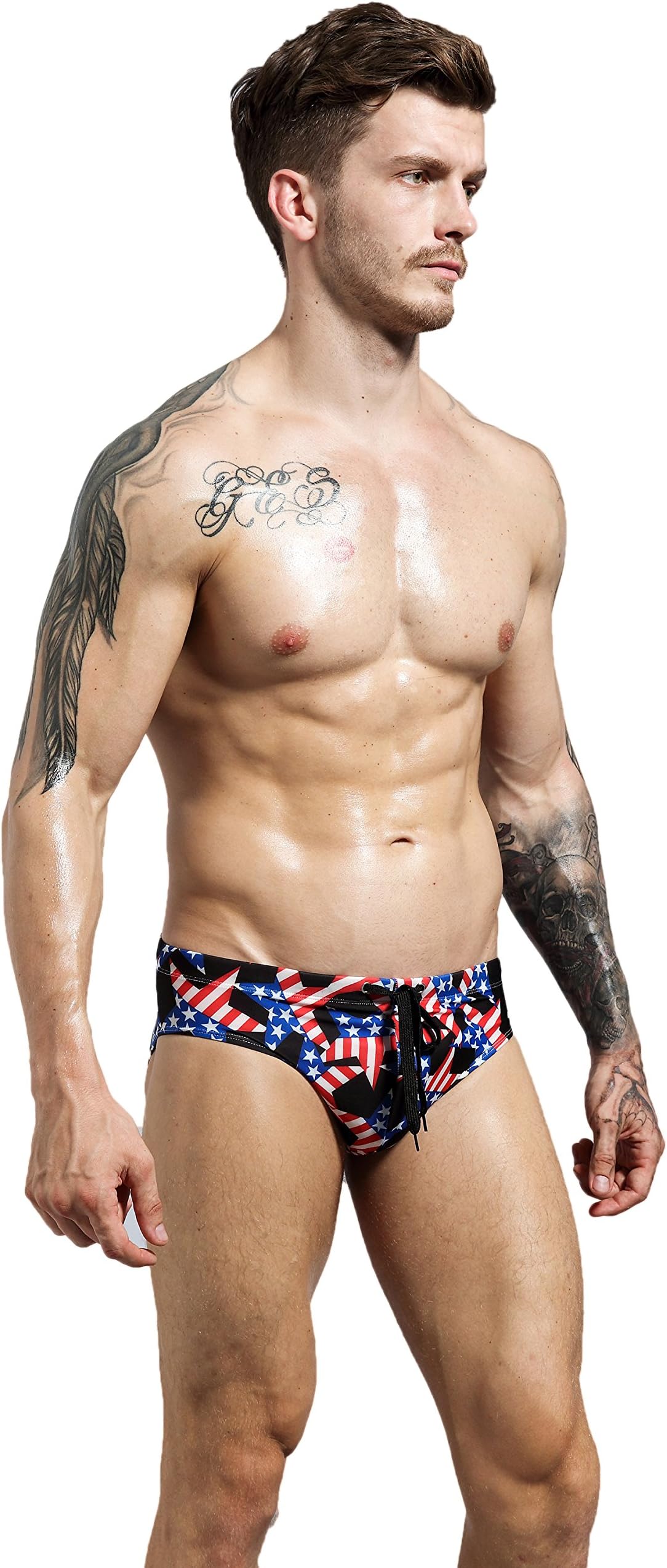 F plus R Mens USA Flag Stars Low Rise Swimwear Bikini Briefs Beach Swimsuit Black Small
