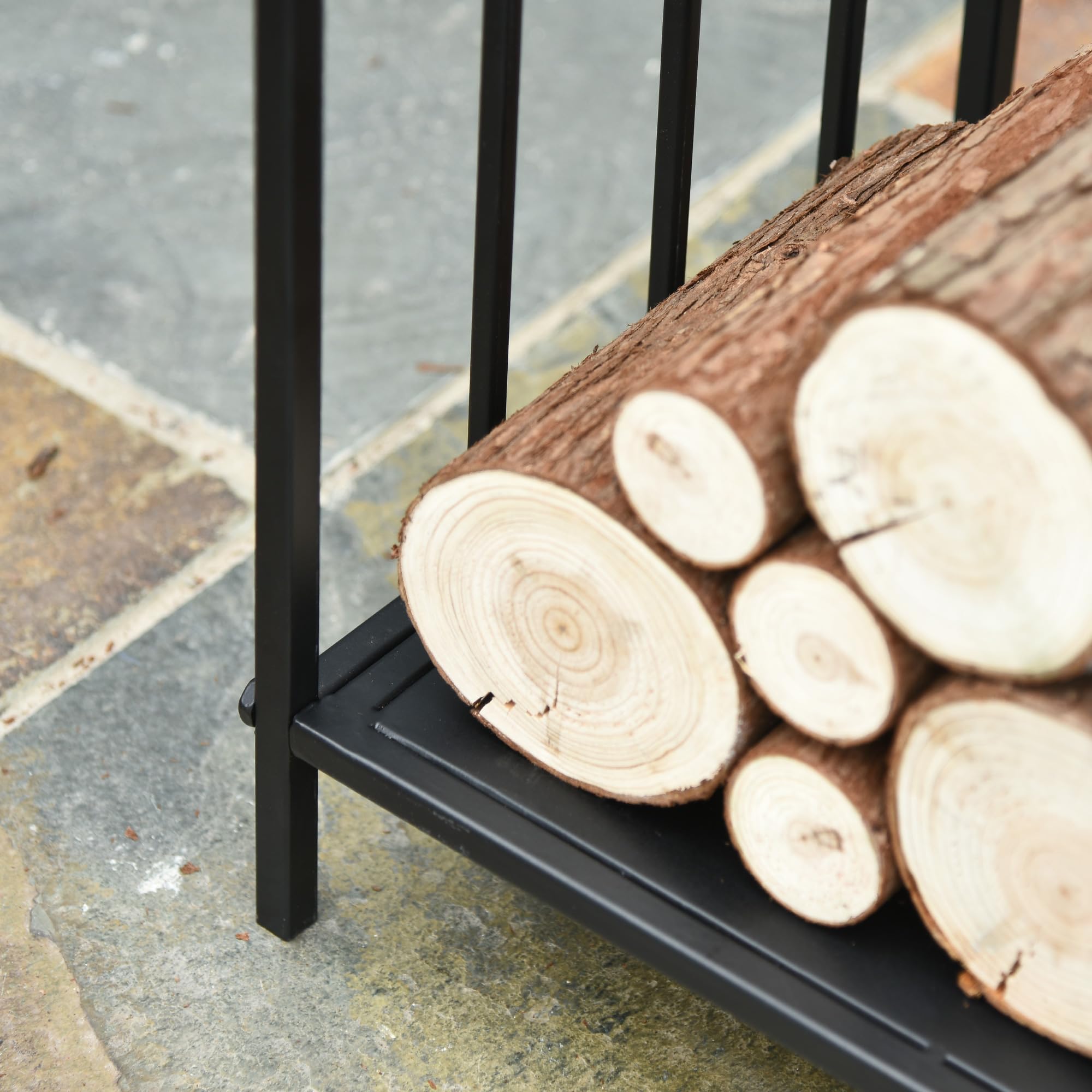 Outsunny Estante de Leña para Chimenea Tradicional Leñero Interior y Exterior Almacenaje para Madera Soporte para Leña con Asas Diseño Elevado 44,5x33x46,5 cm Negro