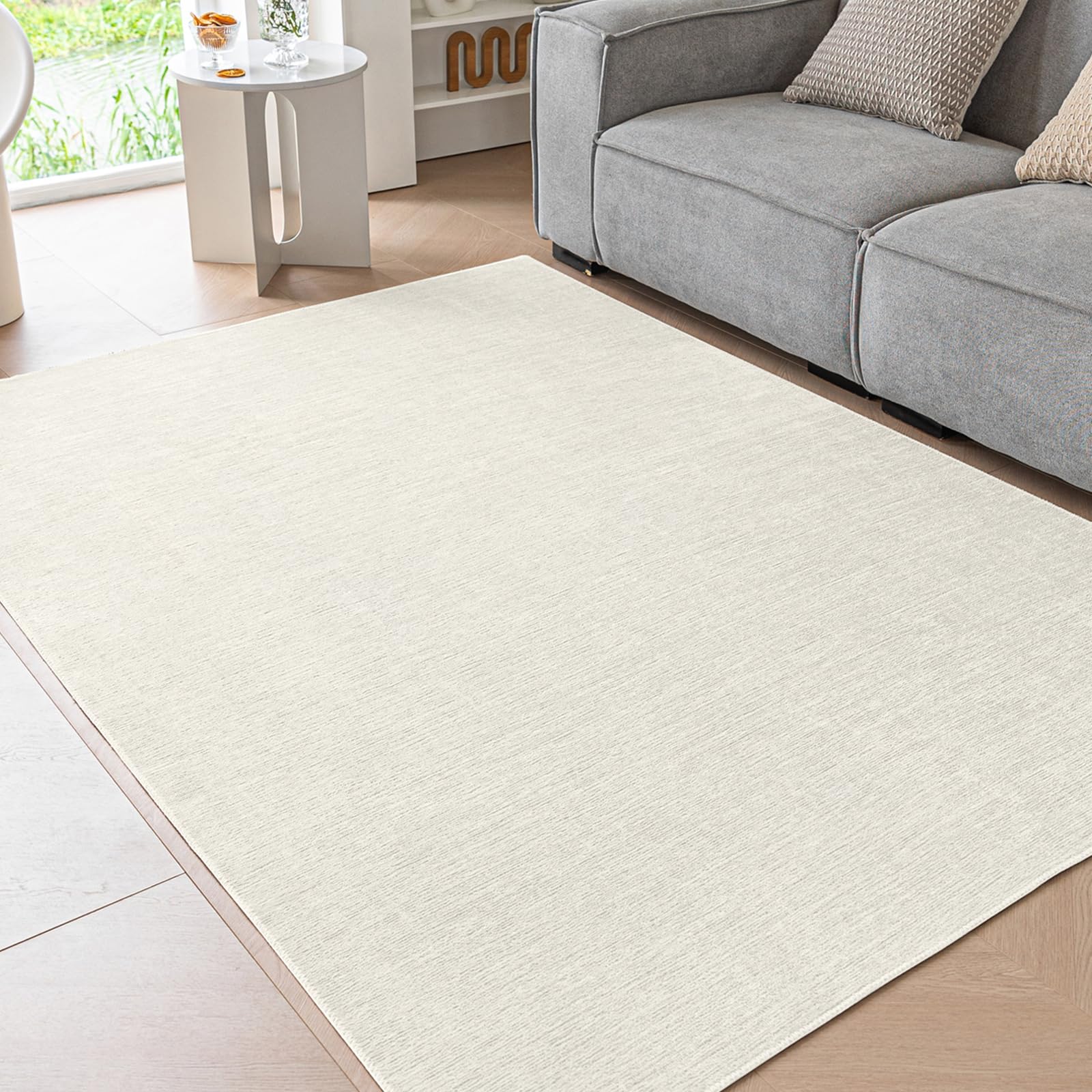 Ceneco Cream Rugs Living Room, Small Thin Rugs for Bedroom, Low Pile Kids Rug - Machine Washable Non Slip, Chenille Short Pile Rug, Soft Area Carpet for Bedside Kitchen Office Lounge(Cream, 60×90cm) — image 1