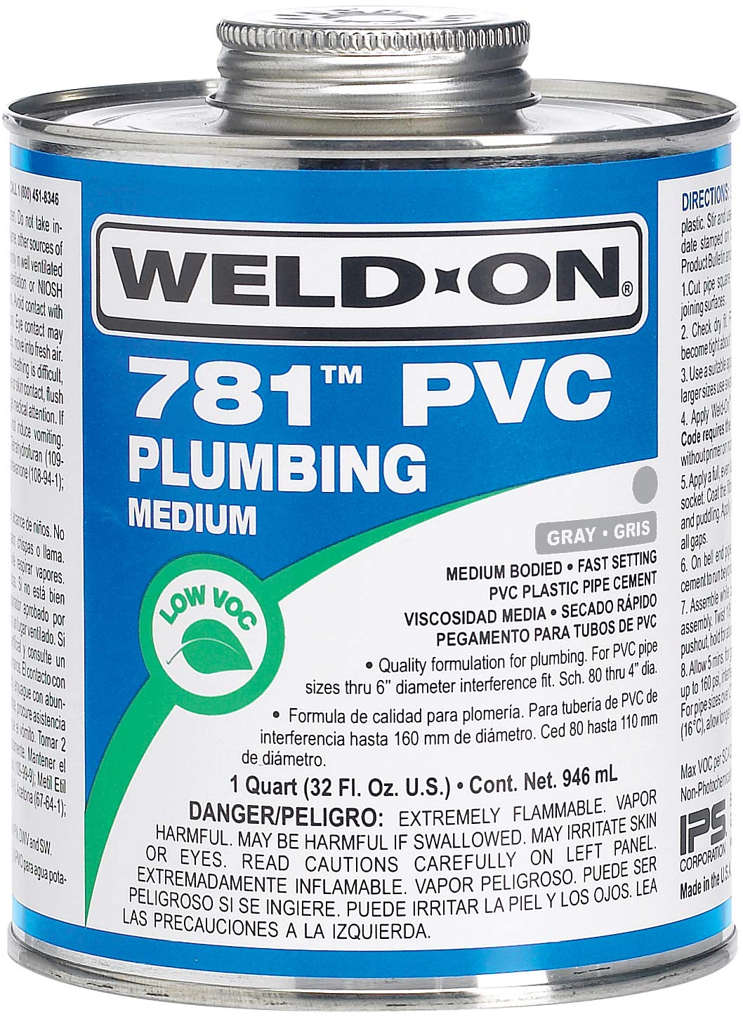 Weld-On 14011 781 PVC Medium-Bodied High-Strength Plumbing Solvent Cement - Fast-Setting and Low-VOC, Gray, 1 Quart (32 fl oz)