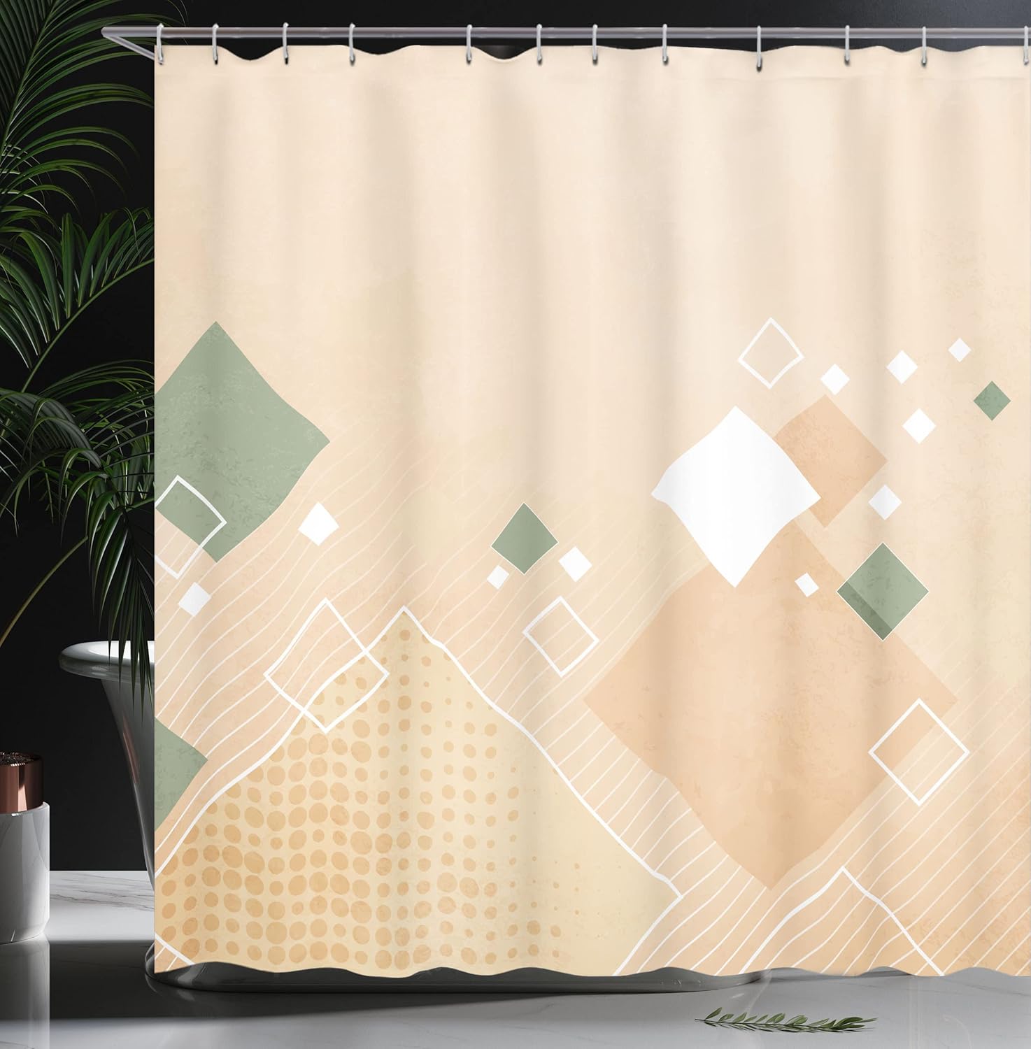 Ambesonne Abstract Shower Curtain, Geometric Composition Different Colored Squares Striped Dotted Rhombus, Cloth Fabric Bathroom Decor Set with Hooks, 69" W x 70" L, Ecru White