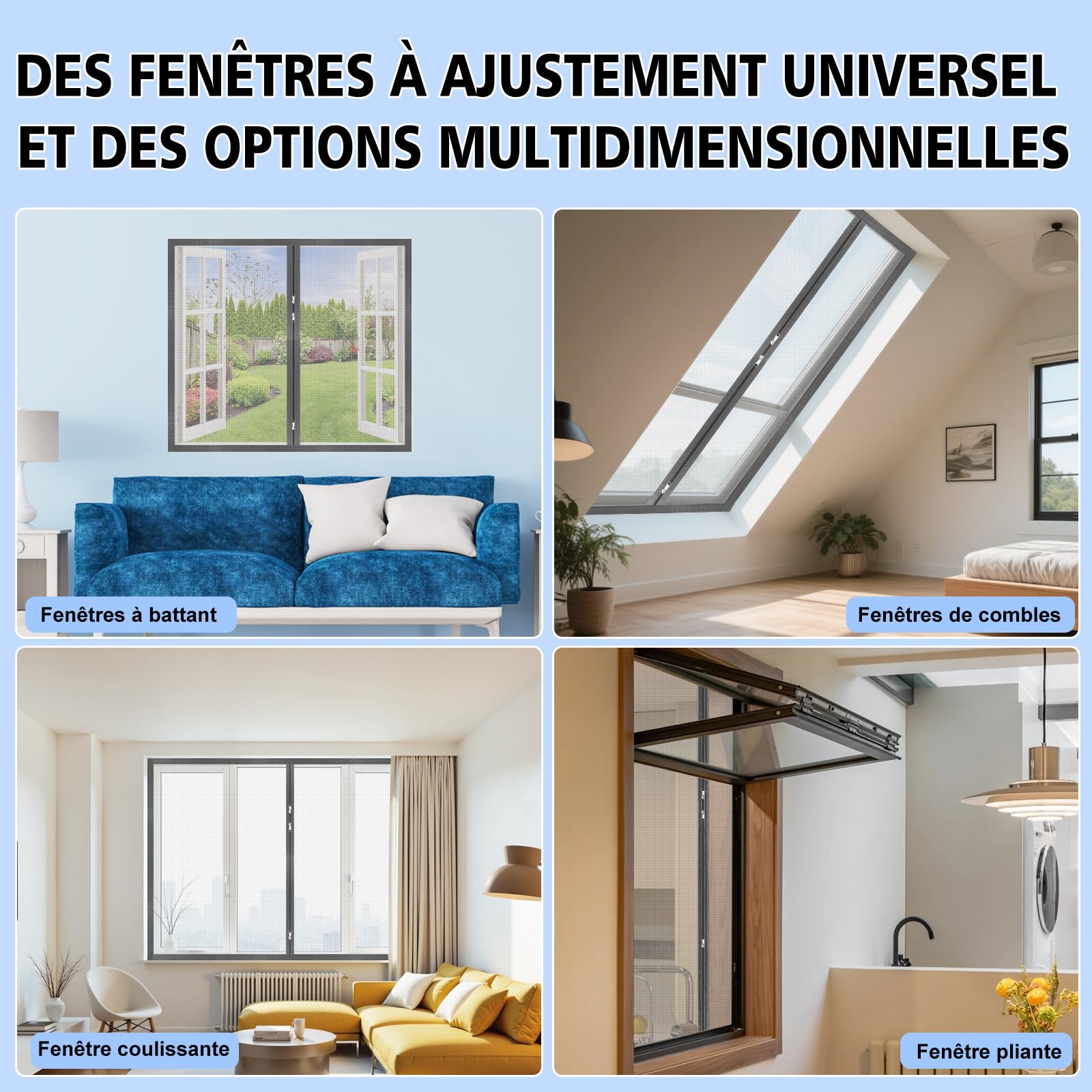 Moustiquaire Fenetre Adhésive avec Fermeture Éclair 110x120 cm Bande Auto-agrippante Transparent Tissu PP Respirant Réutilisable Lavable Gris Clair
